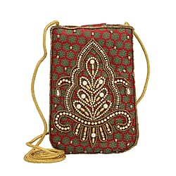 Damask Embroidered Crossbody Potli Pouch - Burgundy Green & Golden