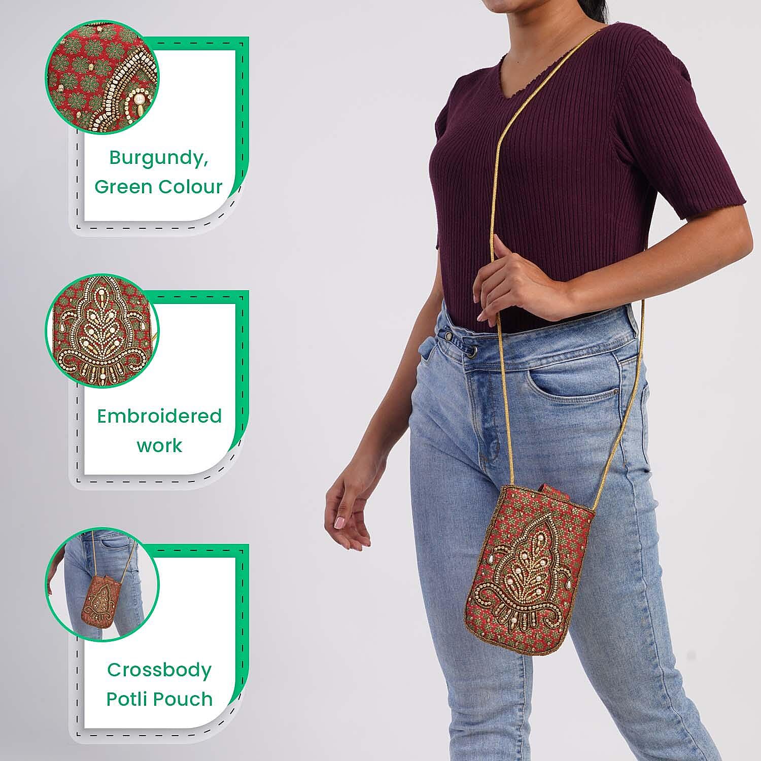 Damask Embroidered Crossbody Potli Pouch - Burgundy Green & Golden