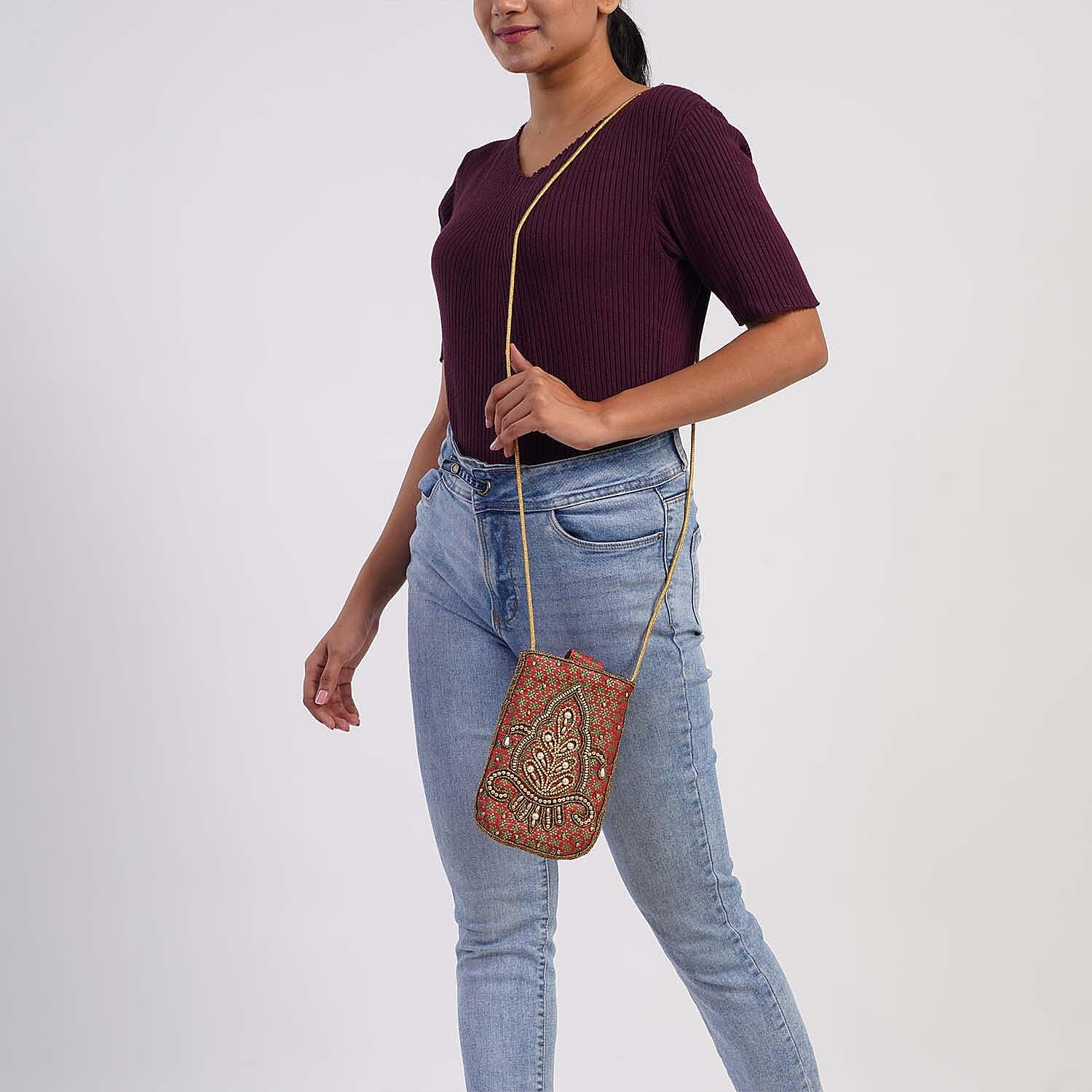Damask Embroidered Crossbody Potli Pouch - Burgundy Green & Golden