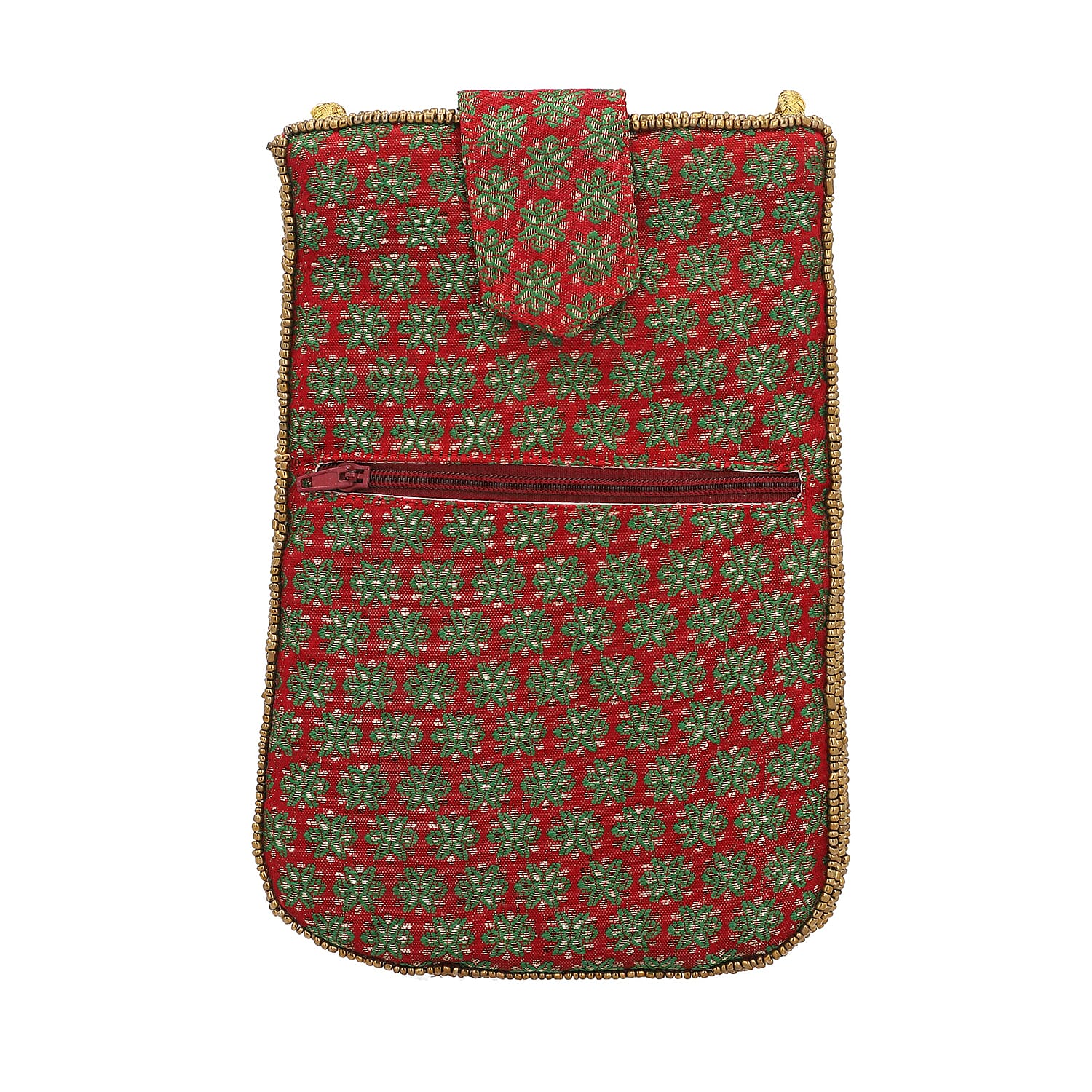 Damask Embroidered Crossbody Potli Pouch - Burgundy Green & Golden
