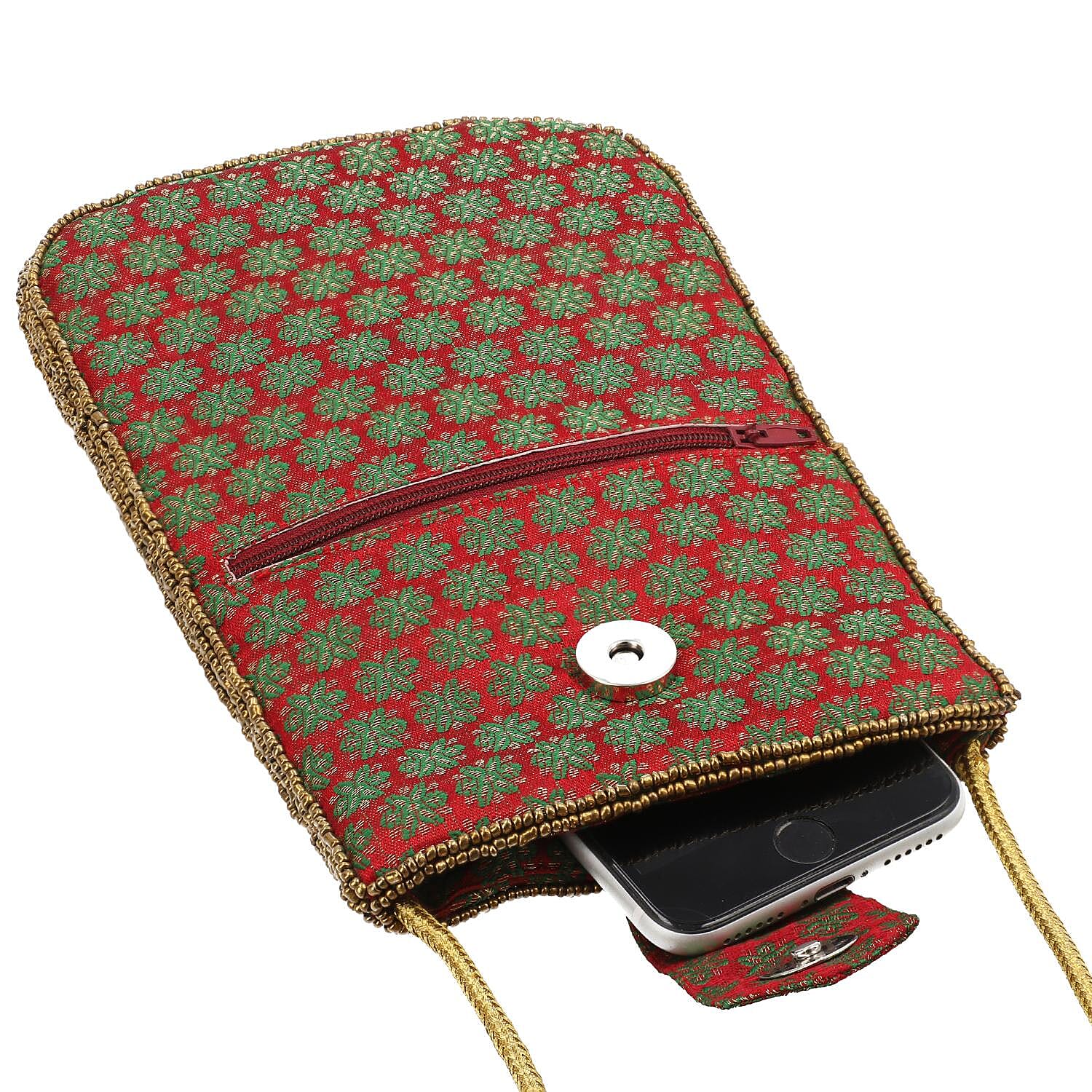 Damask Embroidered Crossbody Potli Pouch - Burgundy Green & Golden
