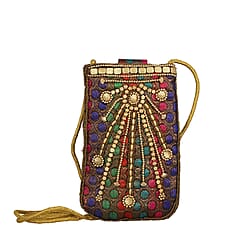 Damask Embroidered Crossbody Potli Pouch - Burgundy Green & Golden