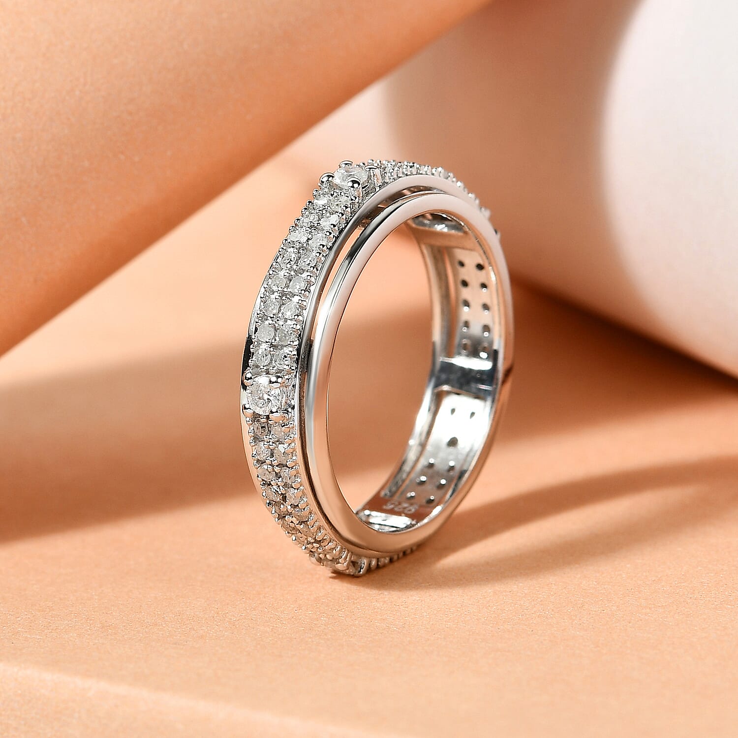 Diamond Spinner Ring in Platinum Overlay Sterling Silver 0.54 Ct