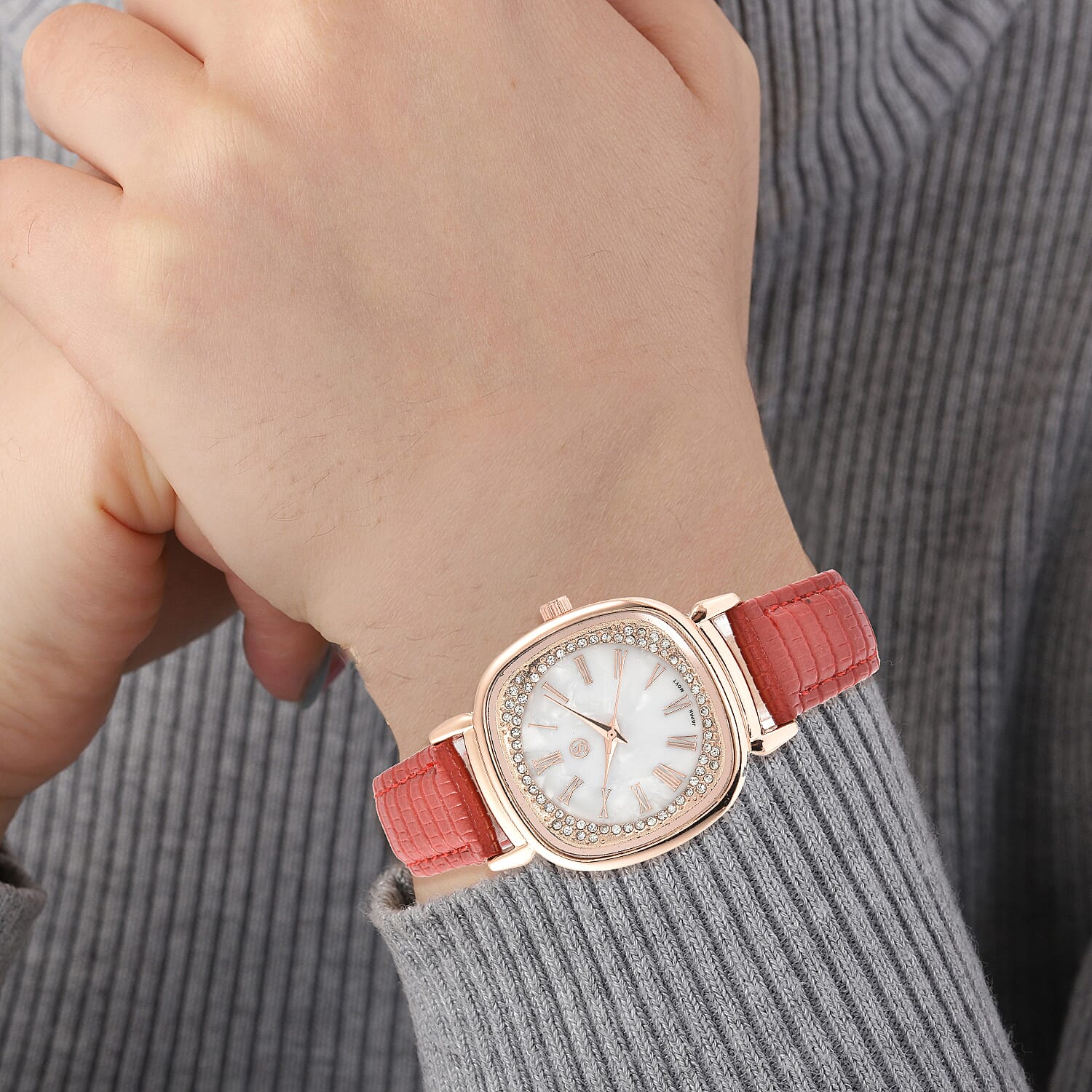 STRADA Japanese Movement White Dial Crystal Studded Water Resistant Watch with Red Colour Colour Strap