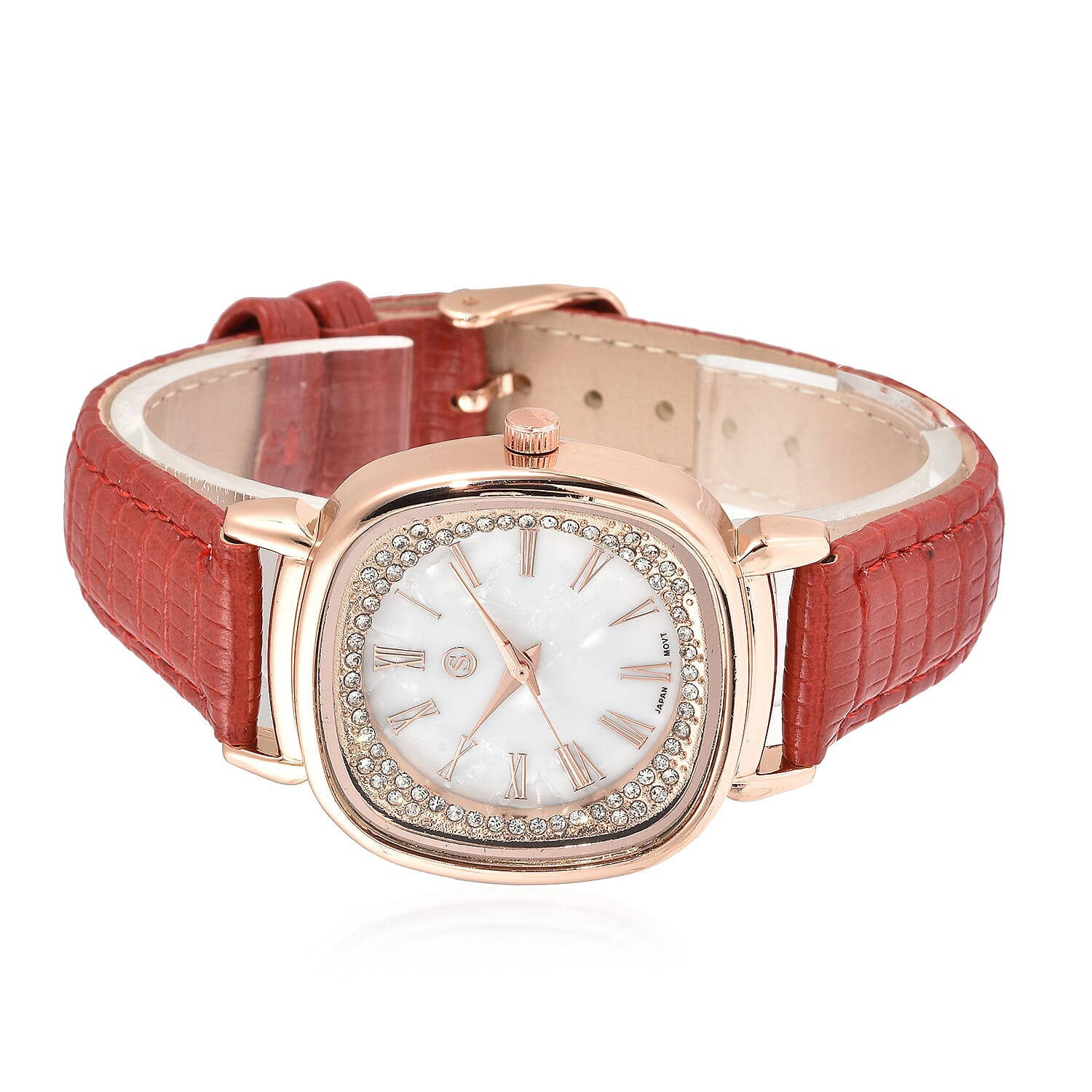 STRADA Japanese Movement White Dial Crystal Studded Water Resistant Watch with Red Colour Colour Strap