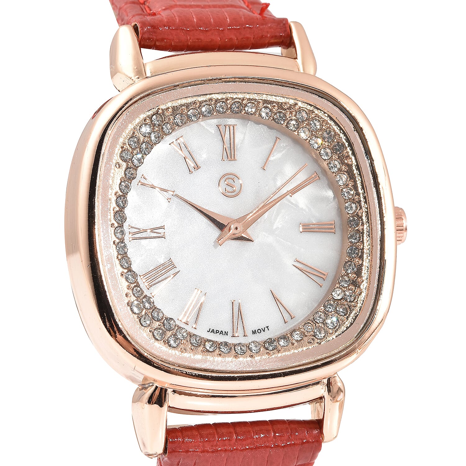STRADA Japanese Movement White Dial Crystal Studded Water Resistant Watch with Red Colour Colour Strap