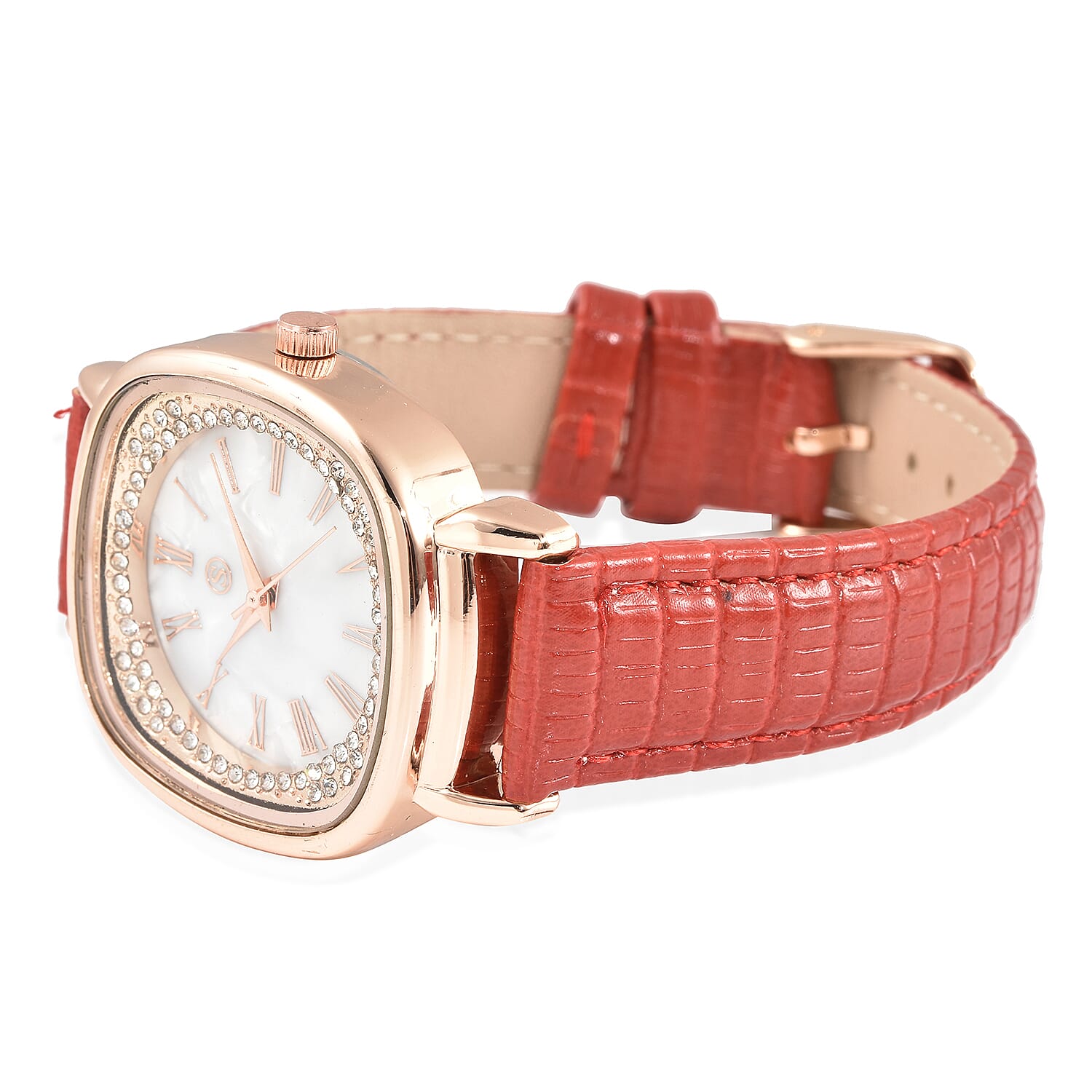 STRADA Japanese Movement White Dial Crystal Studded Water Resistant Watch with Red Colour Colour Strap