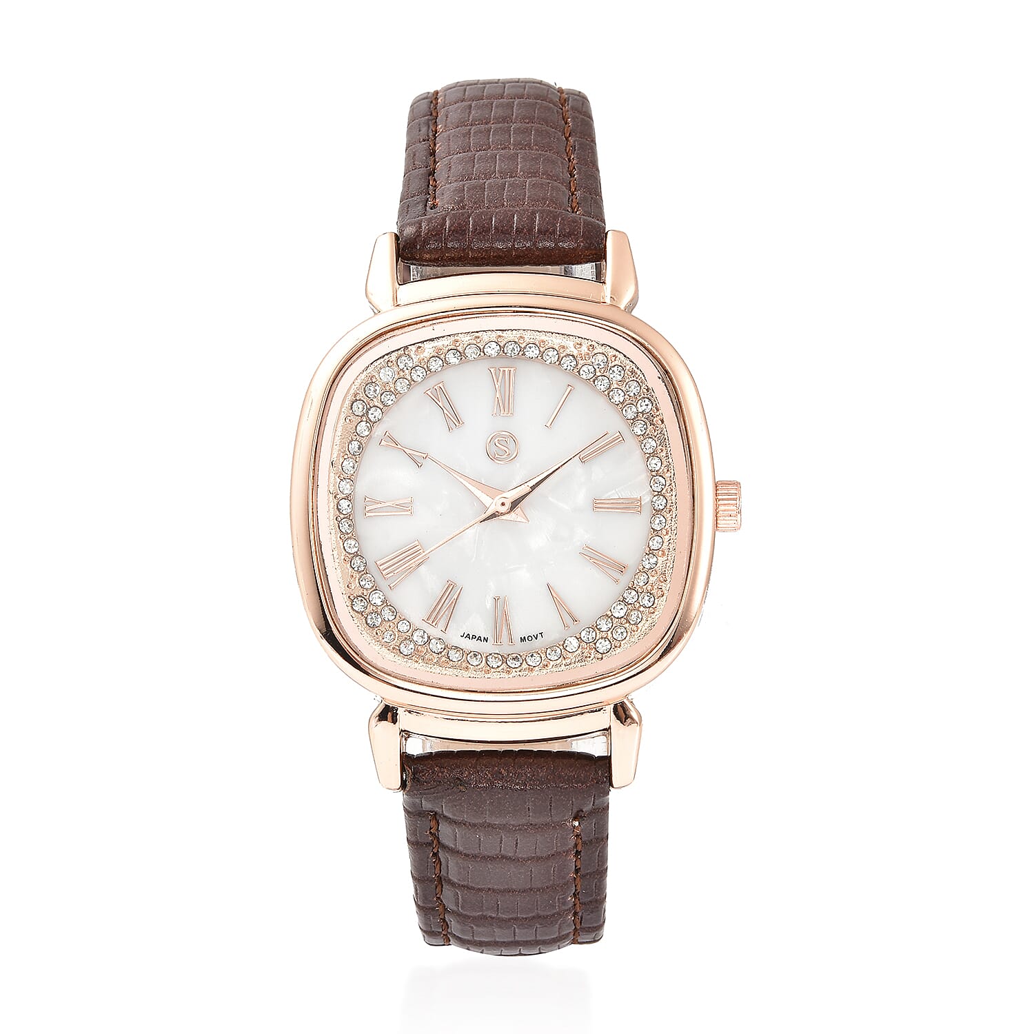 STRADA Japanese Movement White Dial Crystal Studded Water Resistant Watch with Brown Colour Strap