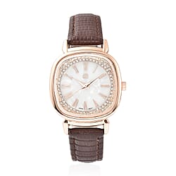 STRADA Japanese Movement White Dial Crystal Studded Water Resistant Watch with Brown Colour Strap