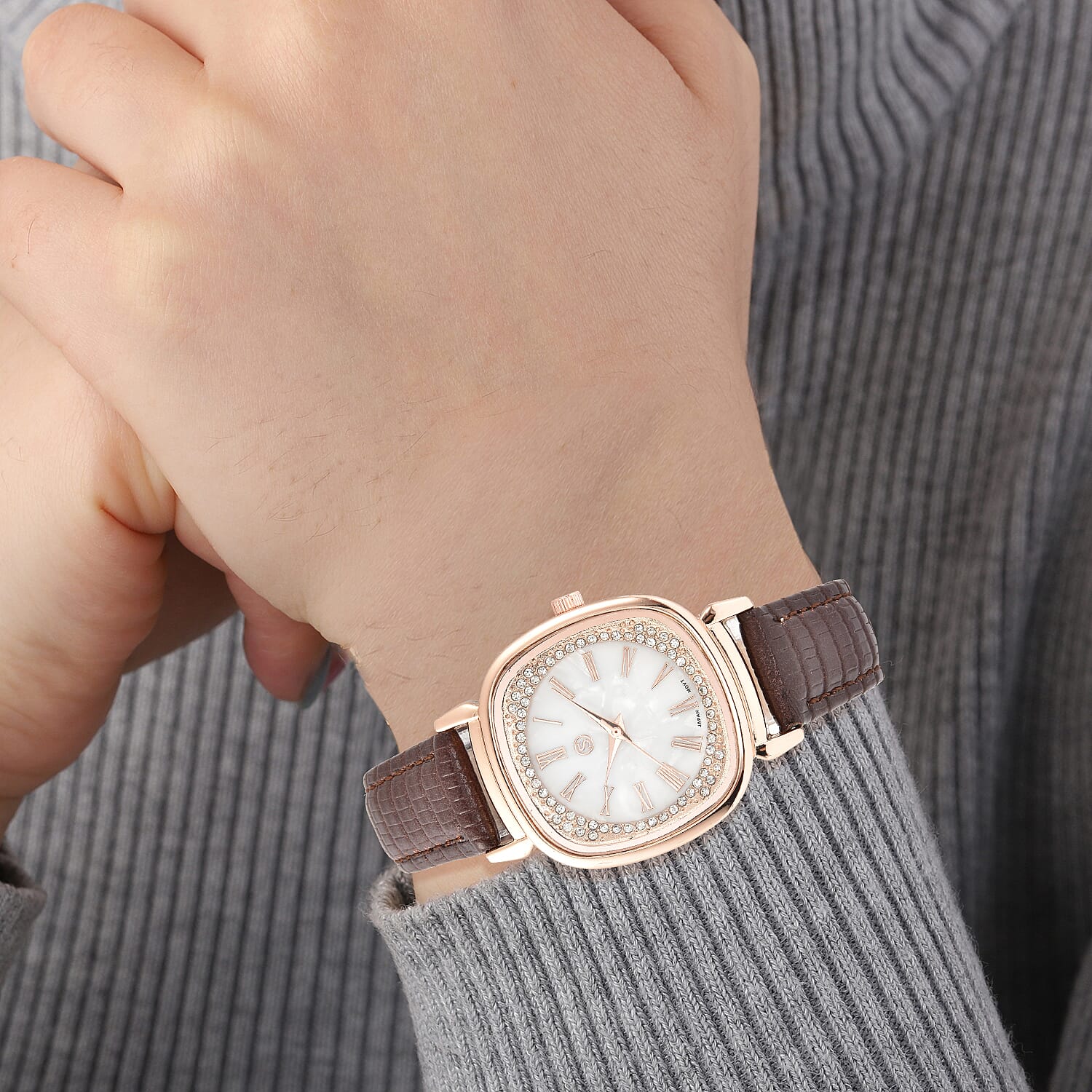 STRADA Japanese Movement White Dial Crystal Studded Water Resistant Watch with Brown Colour Strap