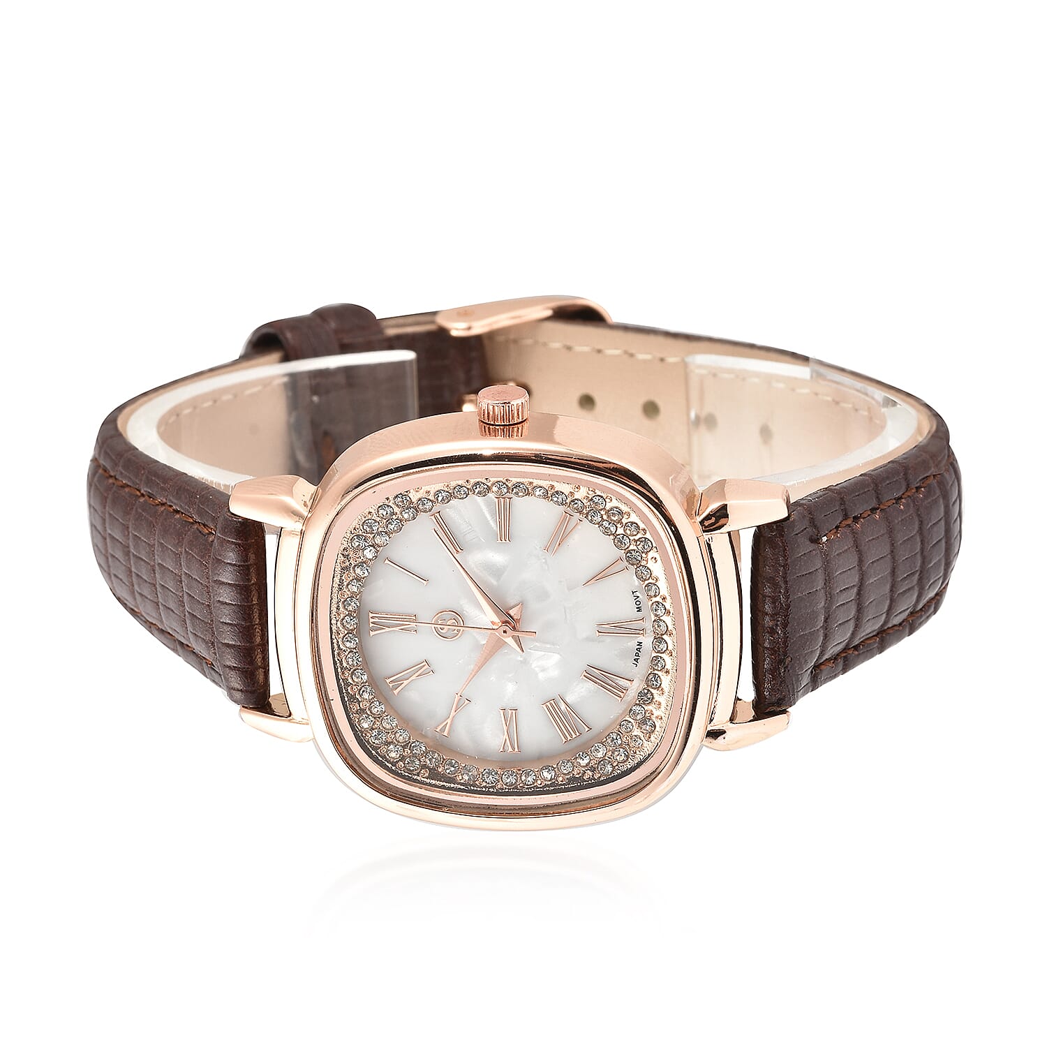 STRADA Japanese Movement White Dial Crystal Studded Water Resistant Watch with Brown Colour Strap