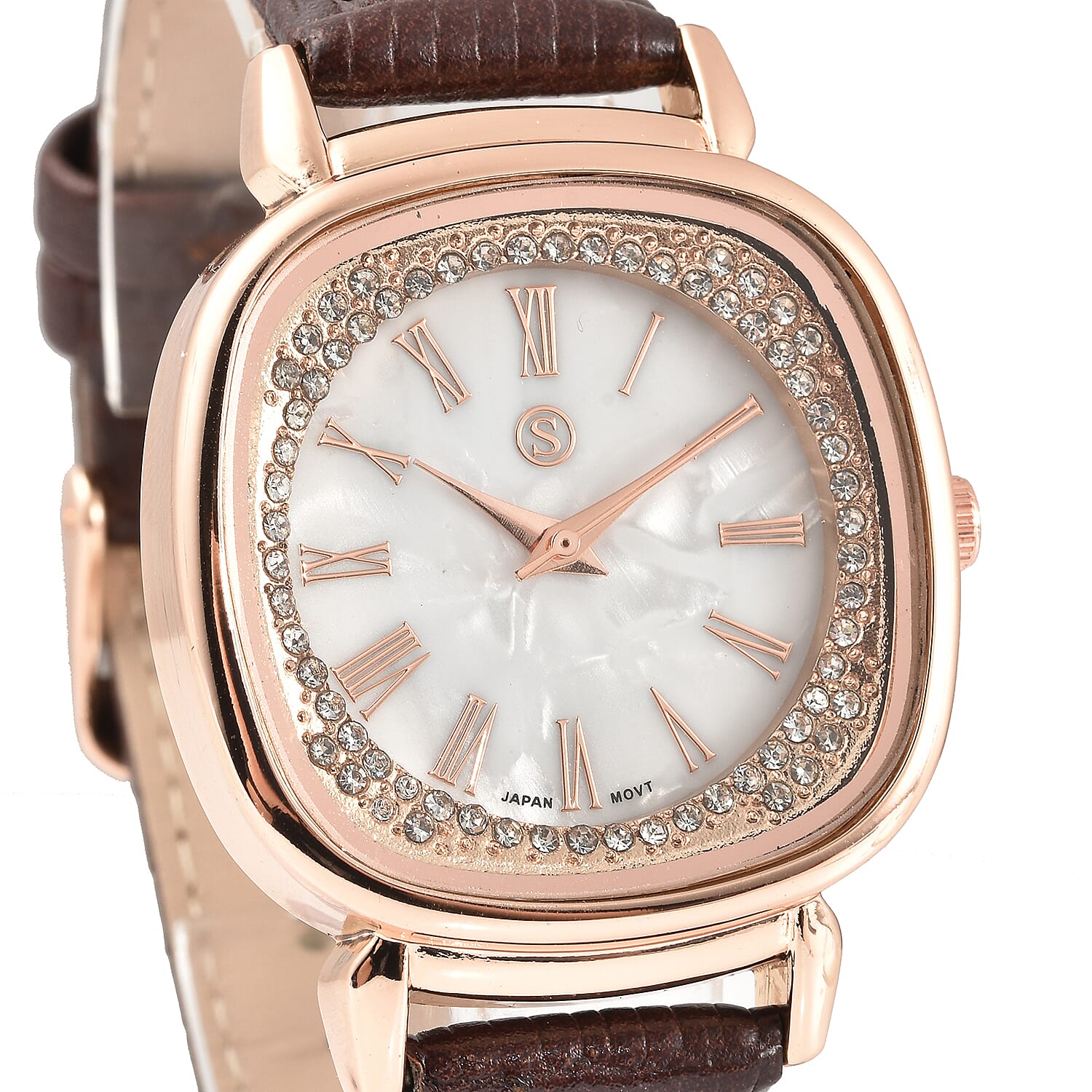 STRADA Japanese Movement White Dial Crystal Studded Water Resistant Watch with Brown Colour Strap