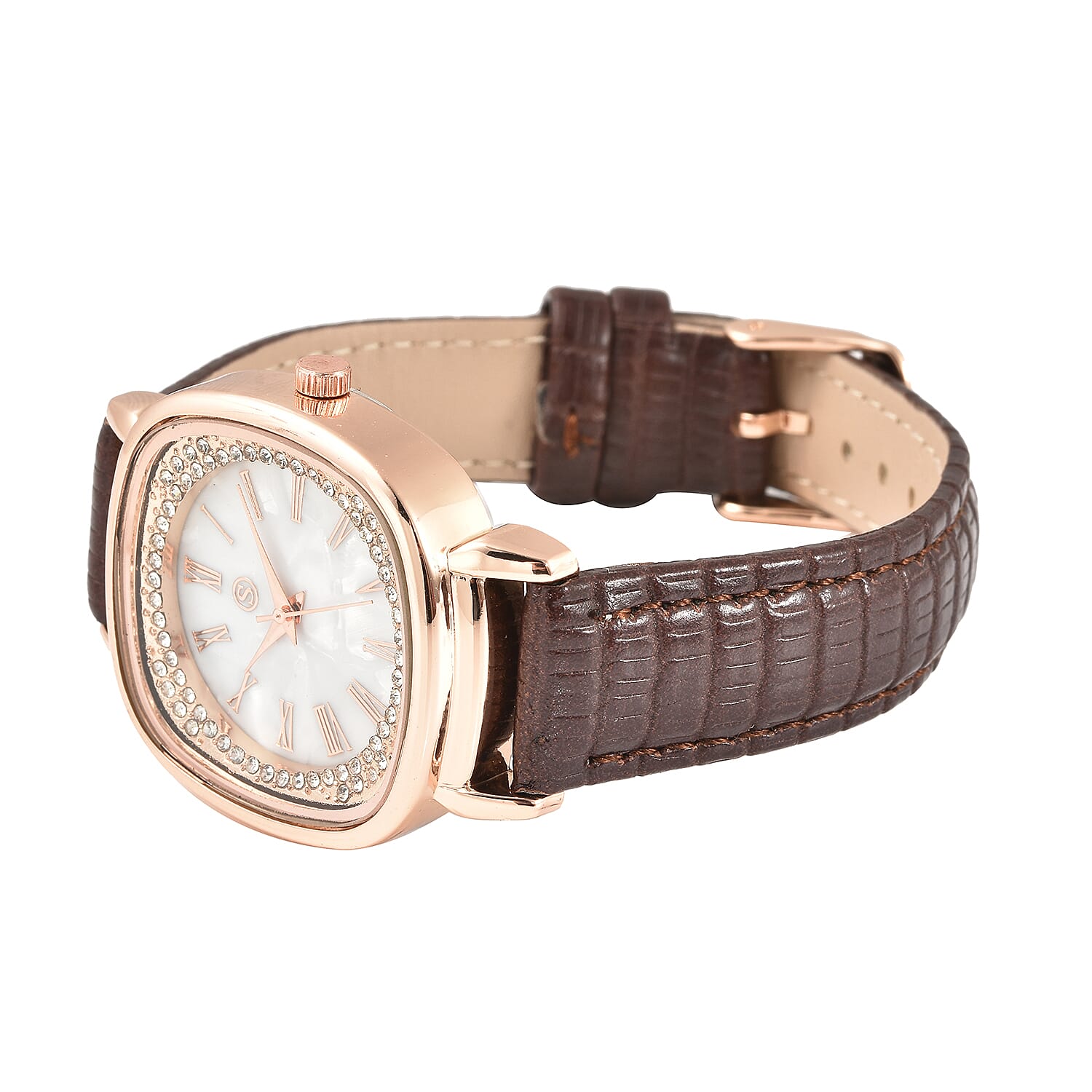 STRADA Japanese Movement White Dial Crystal Studded Water Resistant Watch with Brown Colour Strap