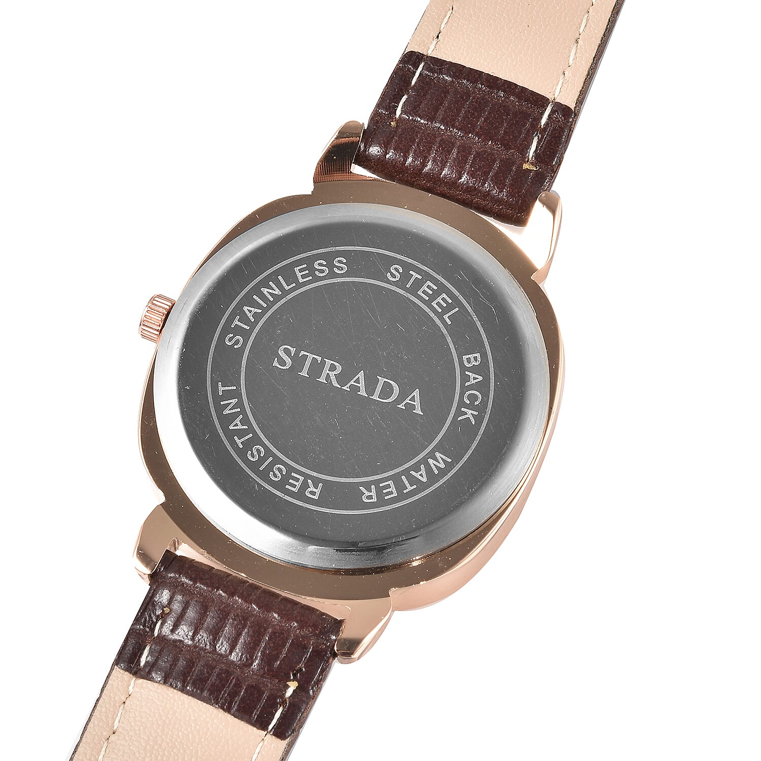 STRADA Japanese Movement White Dial Crystal Studded Water Resistant Watch with Brown Colour Strap