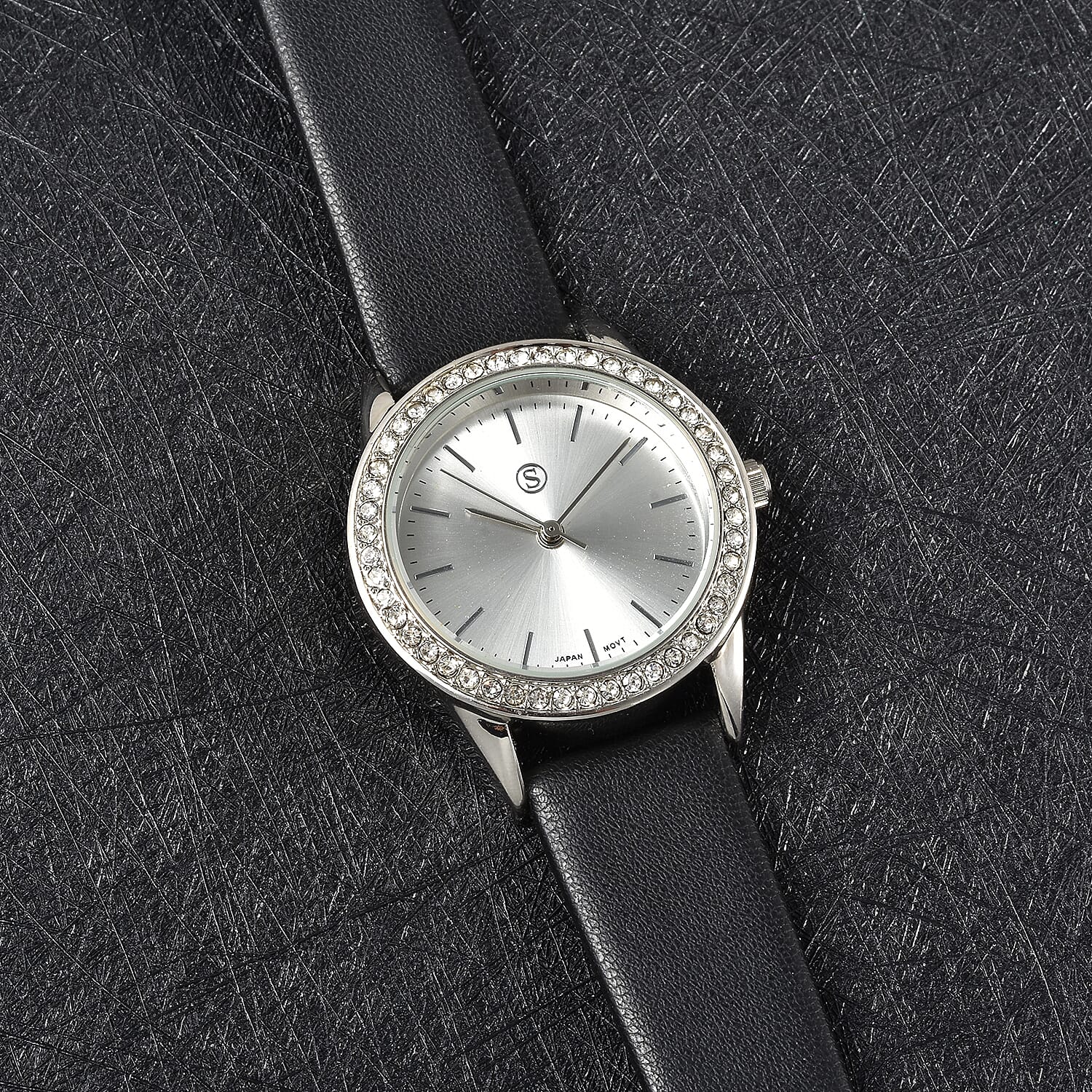 STRADA Japanese Movement Silver Dial Crystal Studded Water Resistant Watch with Black Colour Strap