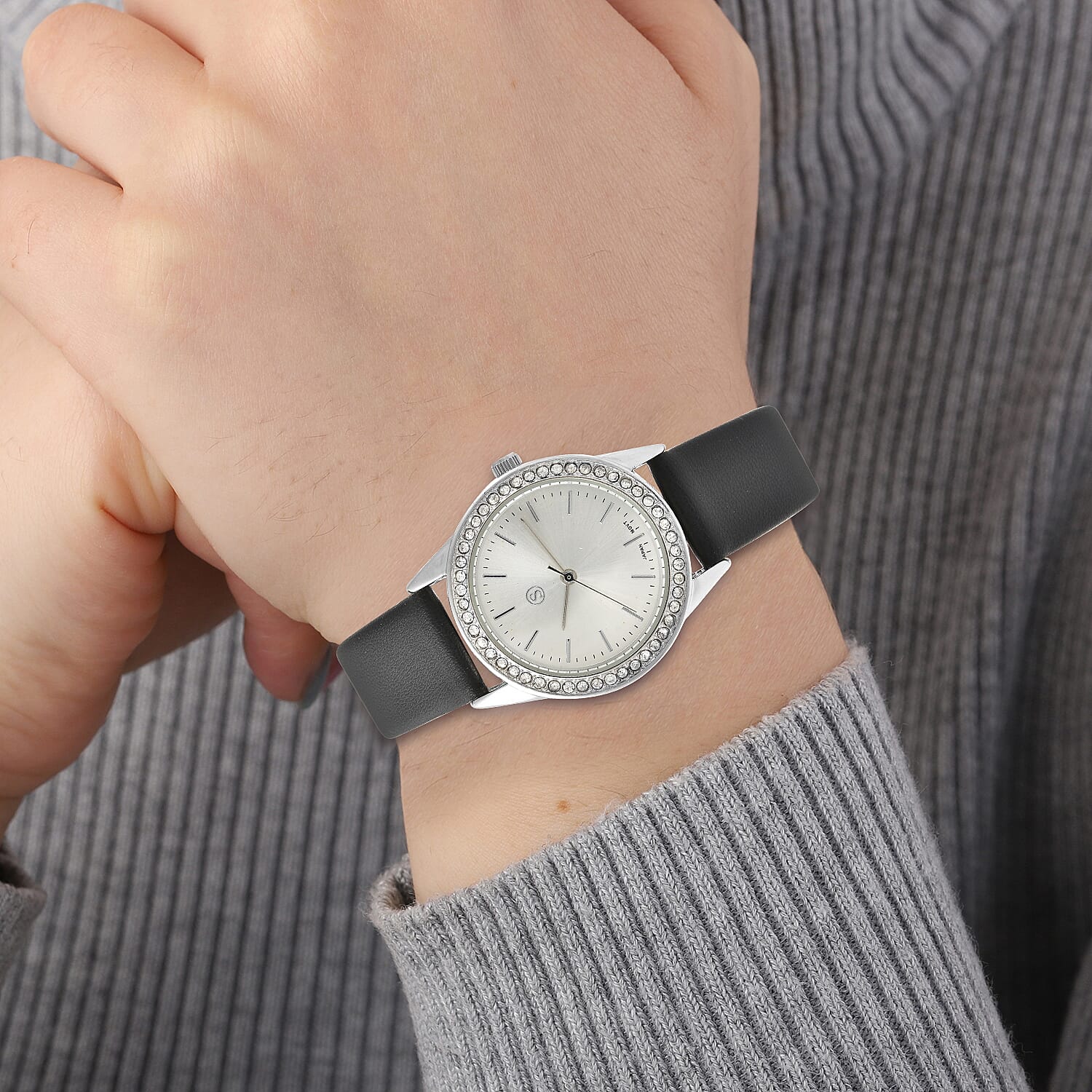 STRADA Japanese Movement Silver Dial Crystal Studded Water Resistant Watch with Black Colour Strap