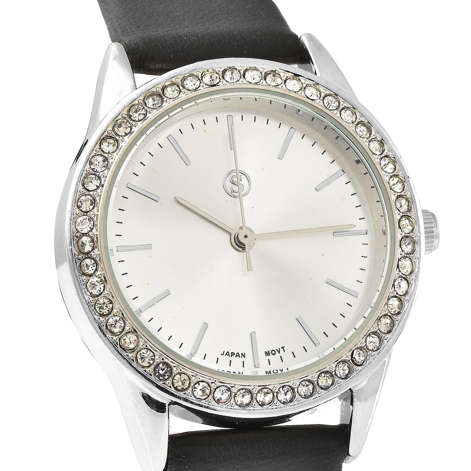 STRADA Japanese Movement Silver Dial Crystal Studded Water Resistant Watch with Black Colour Strap
