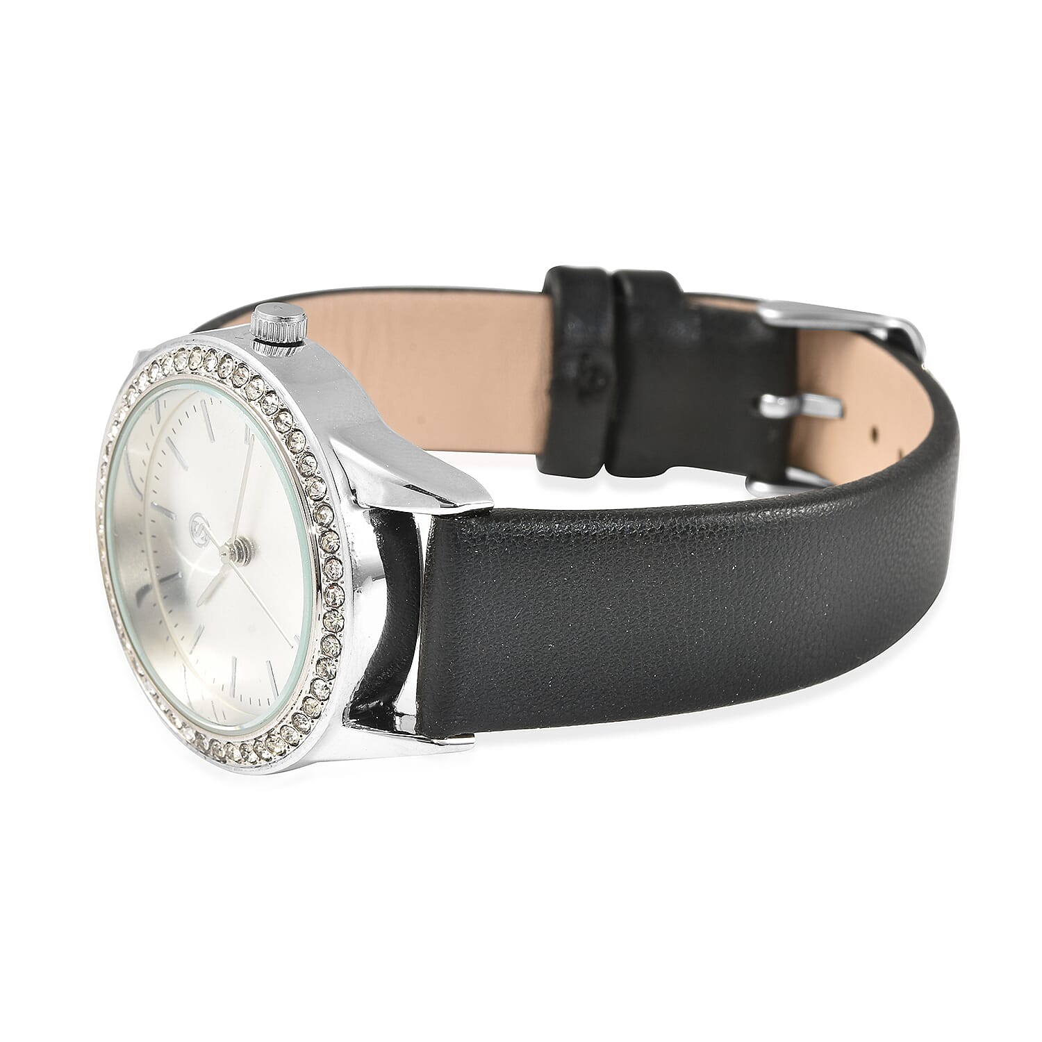 STRADA Japanese Movement Silver Dial Crystal Studded Water Resistant Watch with Black Colour Strap