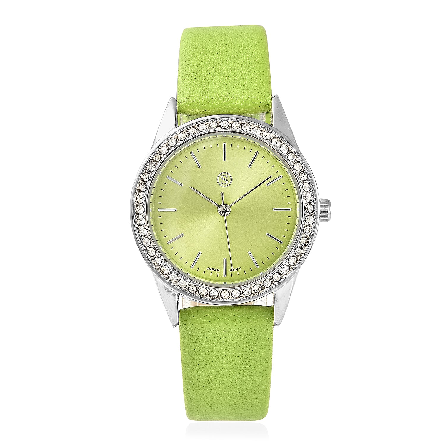 STRADA Japanese Movement Lime Green Dial Crystal Studded Water Resistant Watch with Lime Green Colour Strap