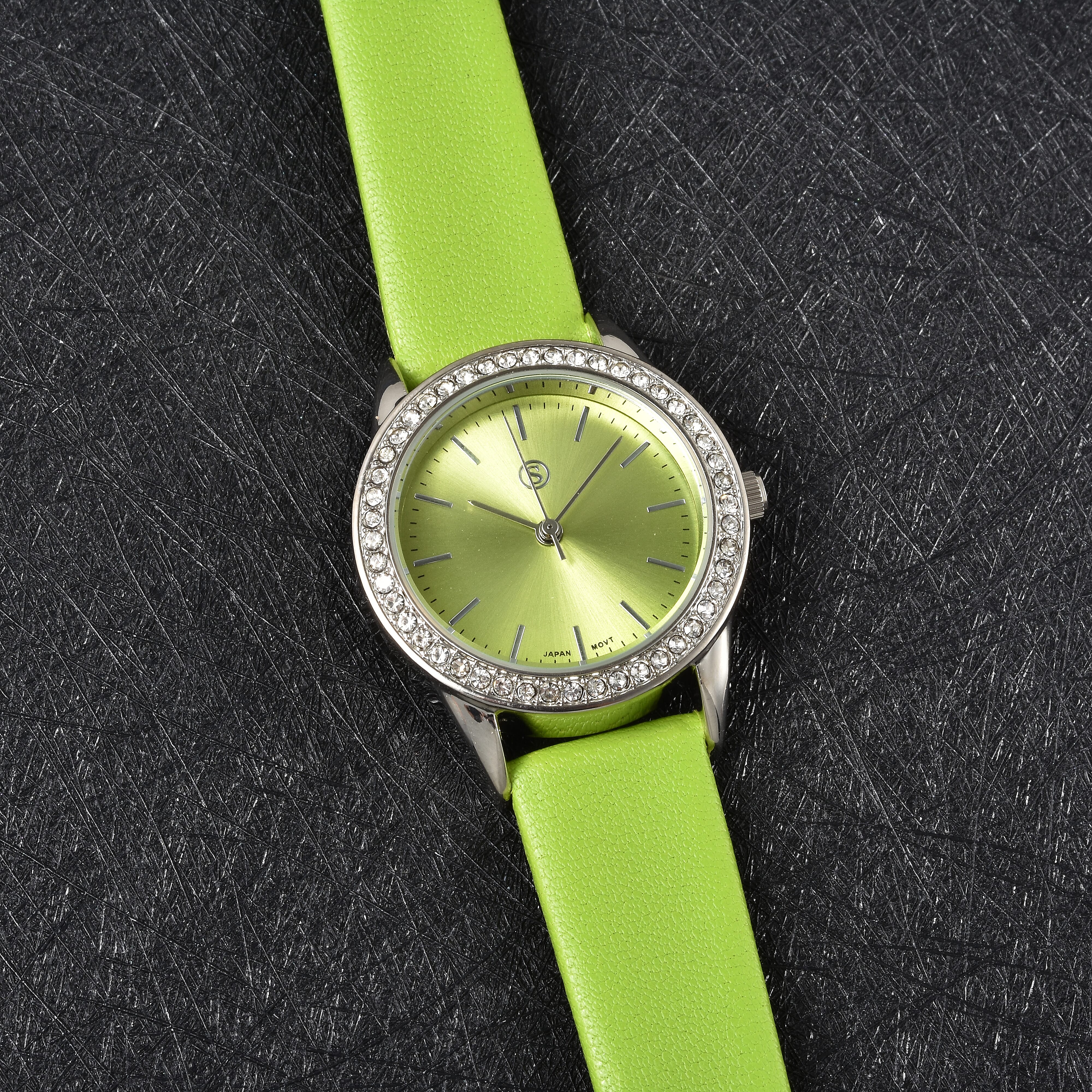 STRADA Japanese Movement Lime Green Dial Crystal Studded Water Resistant Watch with Lime Green Colour Strap