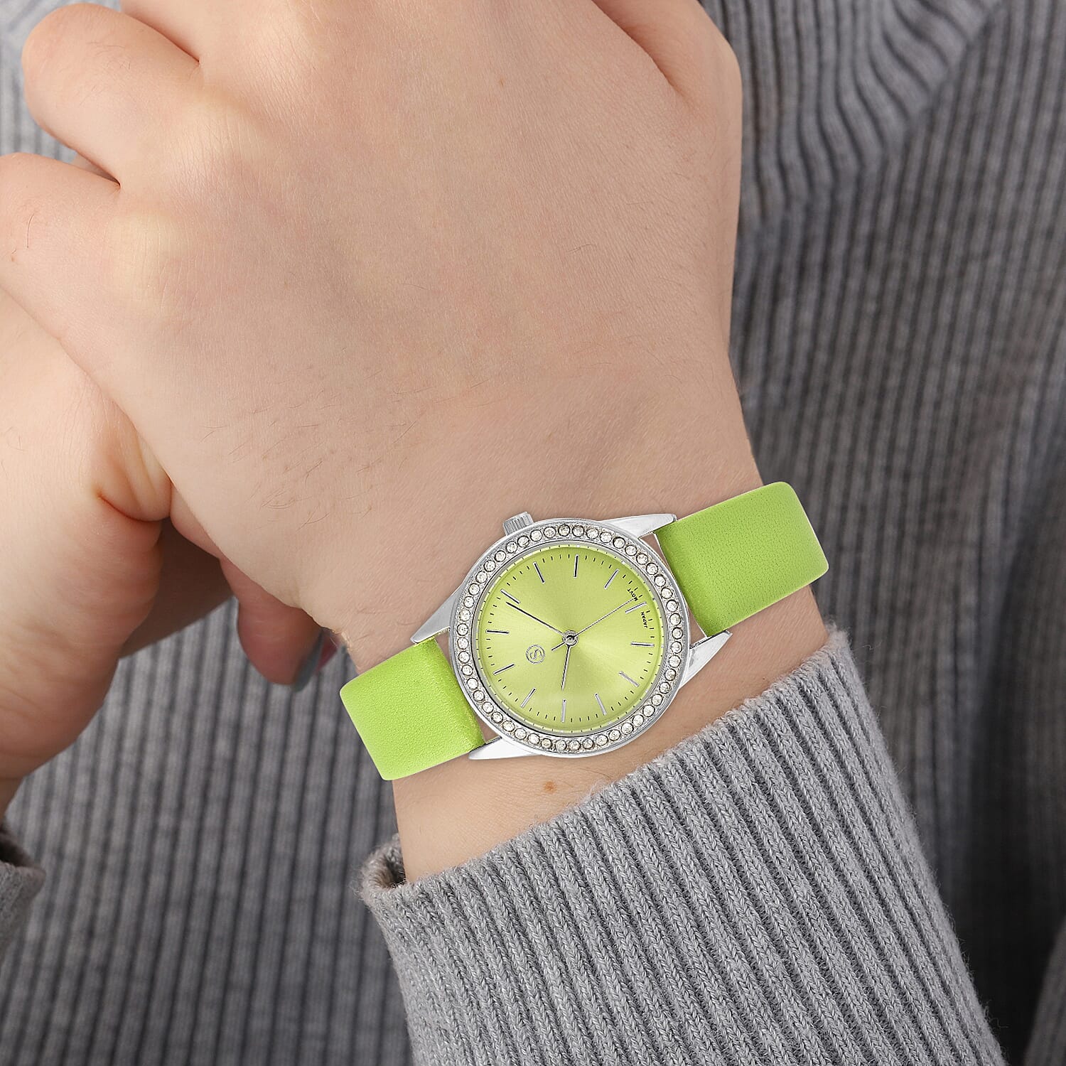 STRADA Japanese Movement Lime Green Dial Crystal Studded Water Resistant Watch with Lime Green Colour Strap
