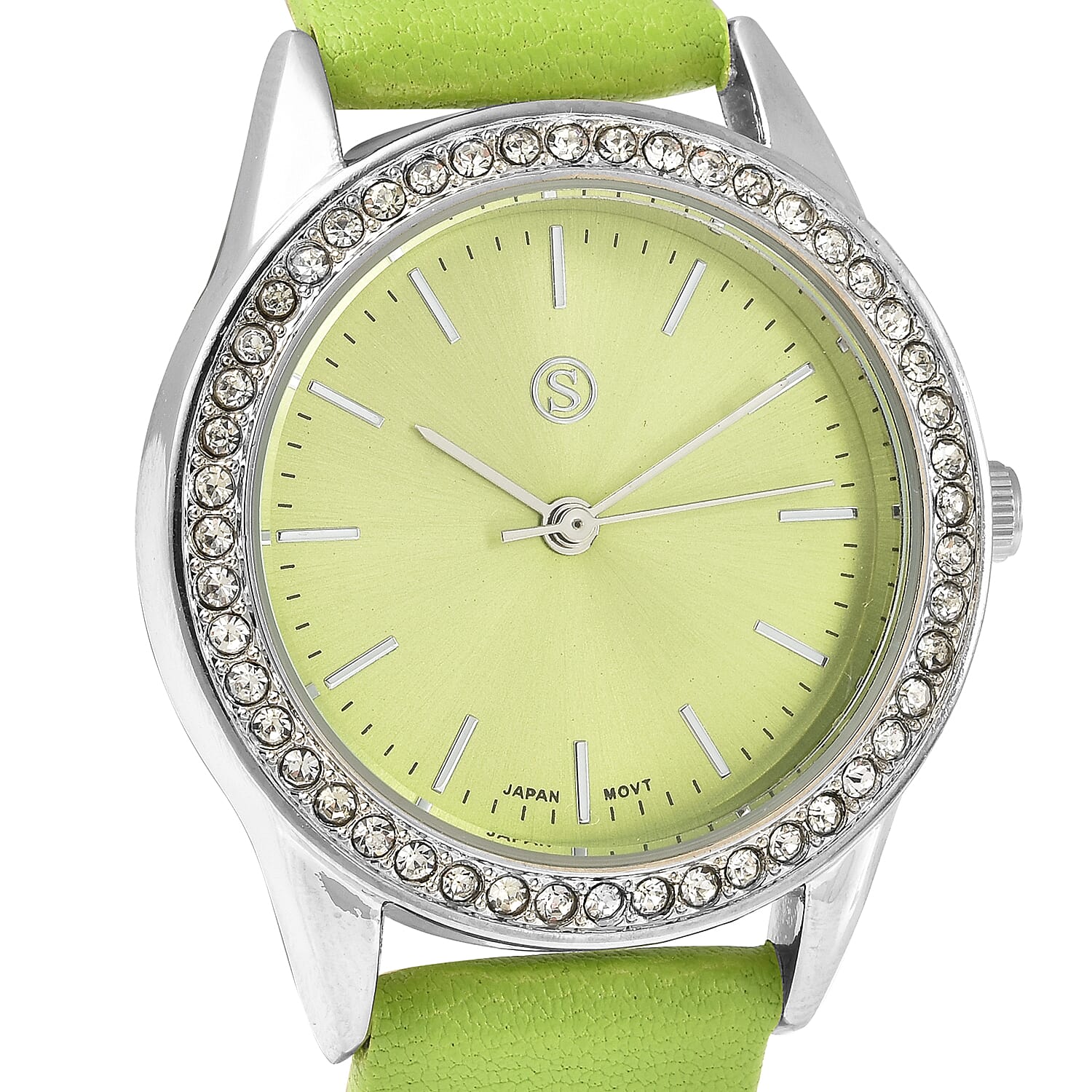 STRADA Japanese Movement Lime Green Dial Crystal Studded Water Resistant Watch with Lime Green Colour Strap