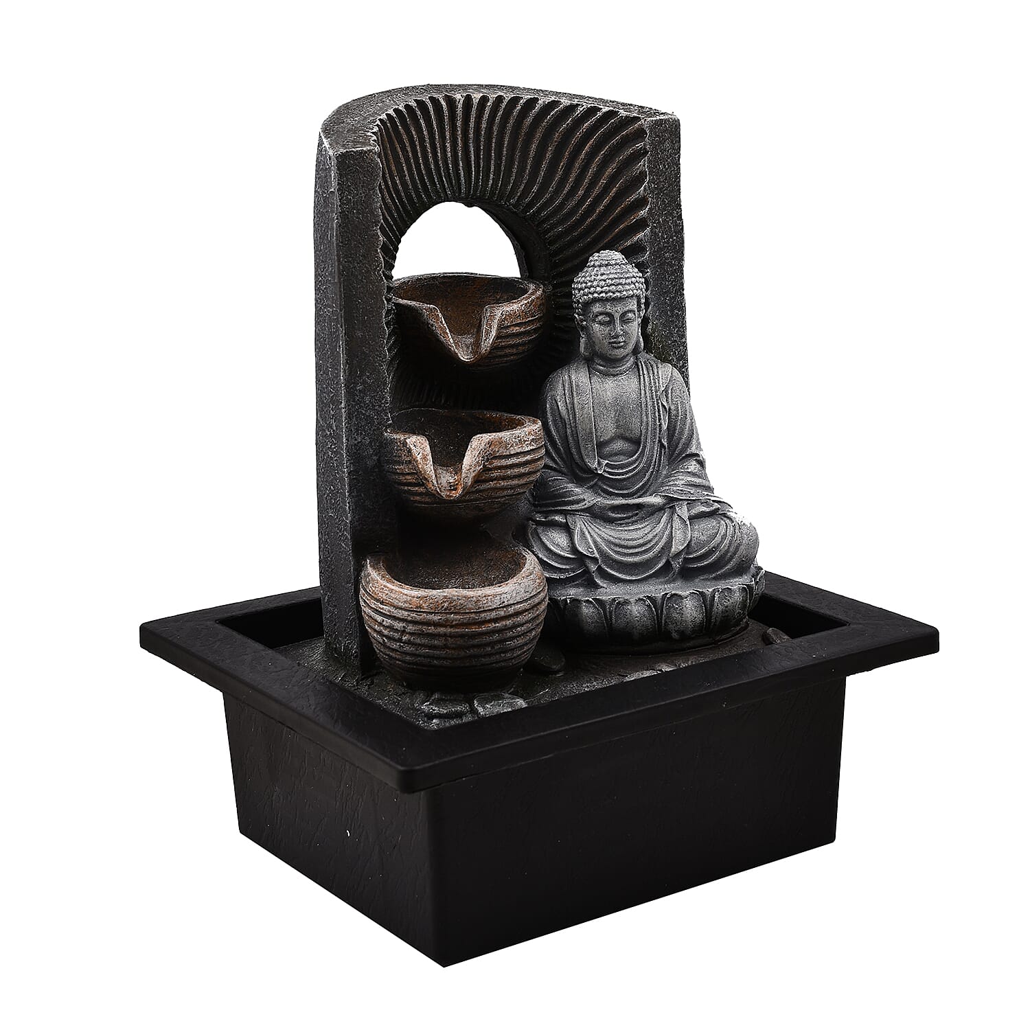 Lesser & Pavey Decorative Accents Buddha Water Fountain with LED Lighting in Bottom Layer (Size 20x17x26cm) - Grey & Black