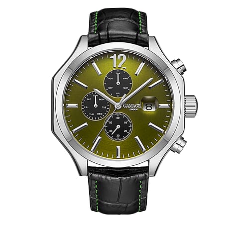 GAMAGES OF LONDON Limited Edition Hand Assembled Opulence Automatic Movement Olive Dial Water Resistant Watch with Black Leather Strap