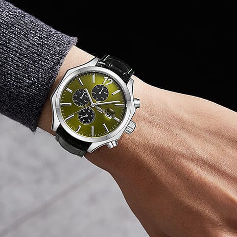 GAMAGES OF LONDON Limited Edition Hand Assembled Opulence Automatic Movement Olive Dial Water Resistant Watch with Black Leather Strap