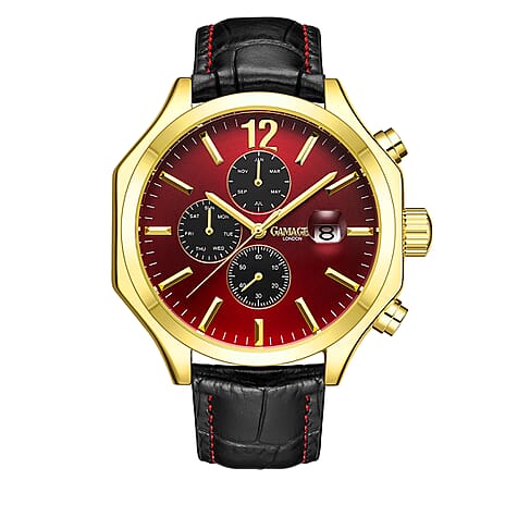 GAMAGES OF LONDON Limited Edition Hand Assembled Opulence Automatic Movement Red Dial Water Resistant Watch with Black Leather Strap