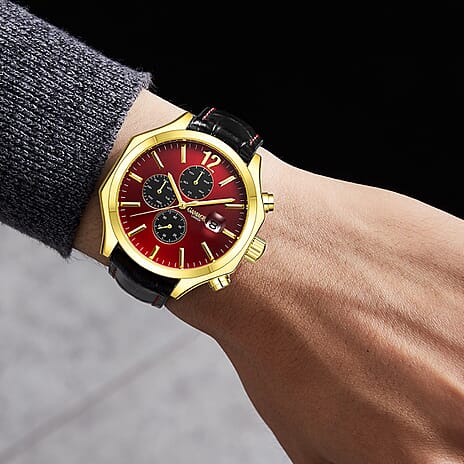 GAMAGES OF LONDON Limited Edition Hand Assembled Opulence Automatic Movement Red Dial Water Resistant Watch with Black Leather Strap