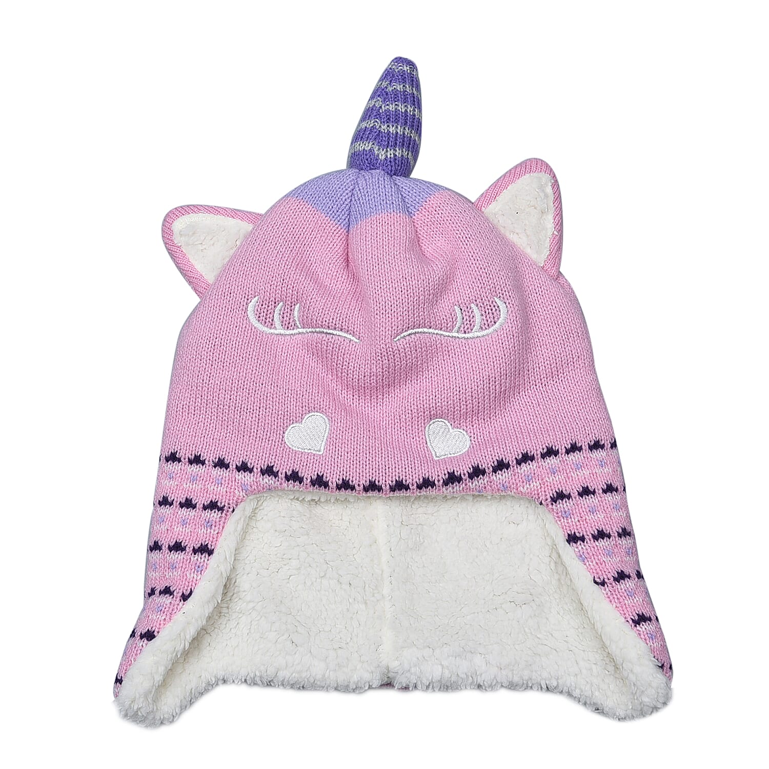 Unicorn Knitted Hat with Fleece Lining (Size 27x23Cm) - Pink