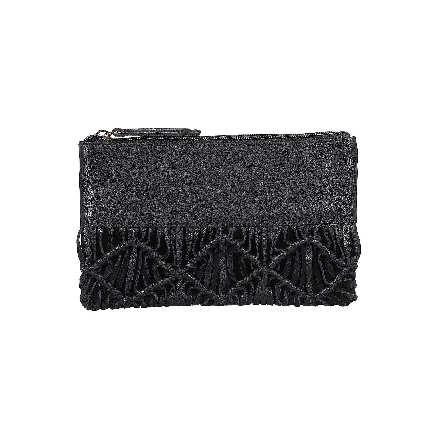 Hand Woven Macrame 100% Genuine Leather Clutch Wallet (Size 21x13cm) -  Black