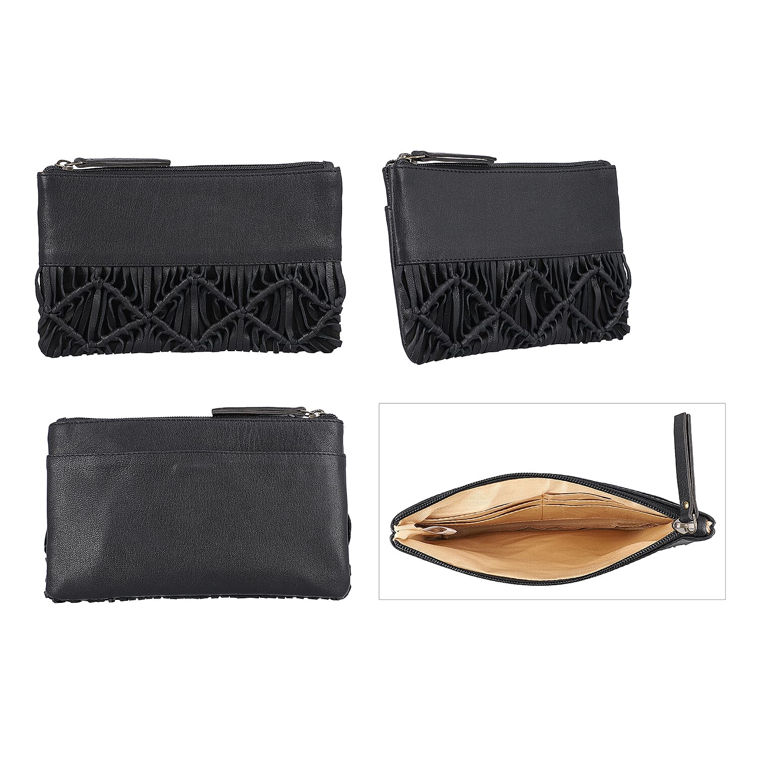 Hand Woven Macrame 100% Genuine Leather Clutch Wallet (Size 21x13cm) -  Black