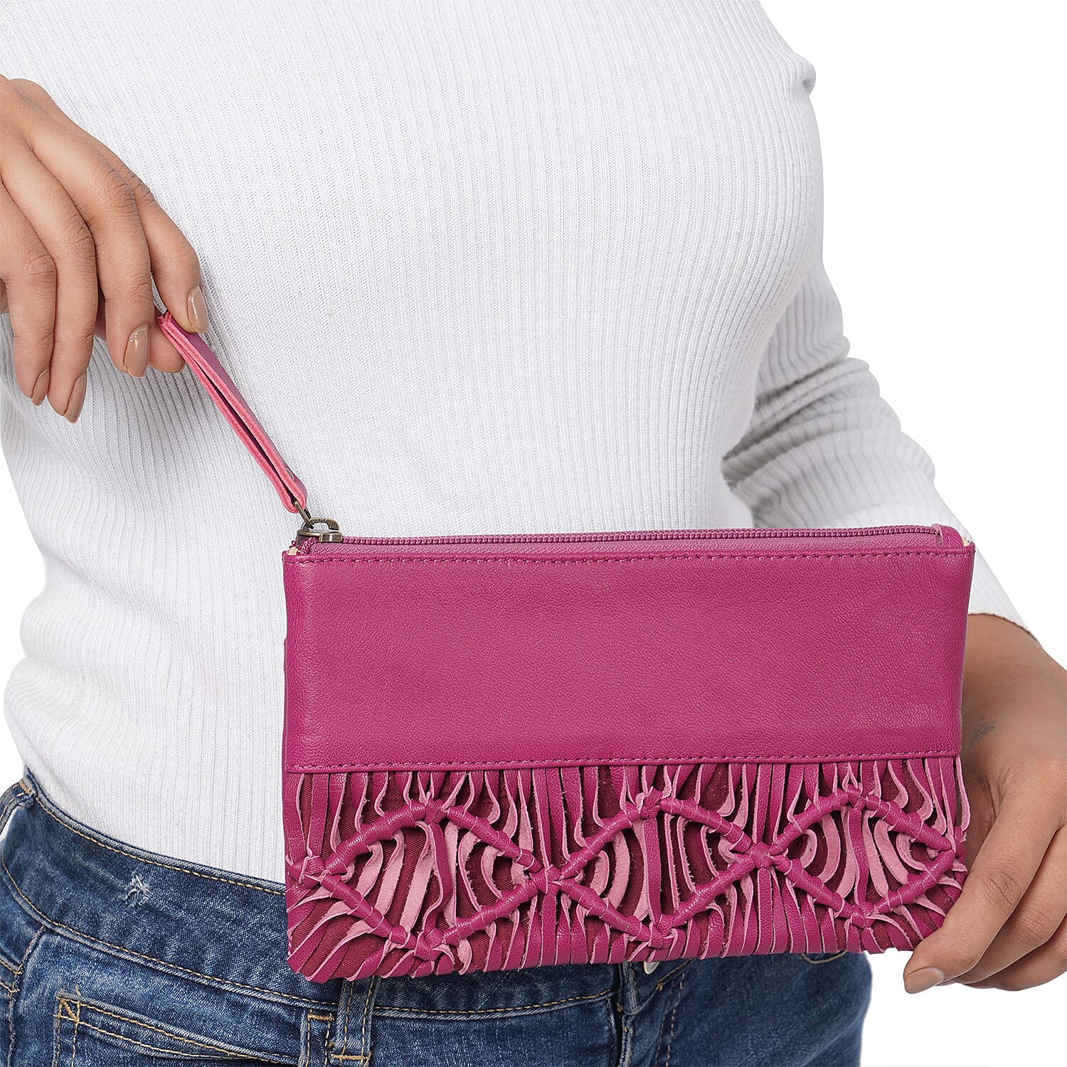 Hand Woven Macrame 100% Genuine Leather Clutch Wallet (Size 21x13cm) -  Black