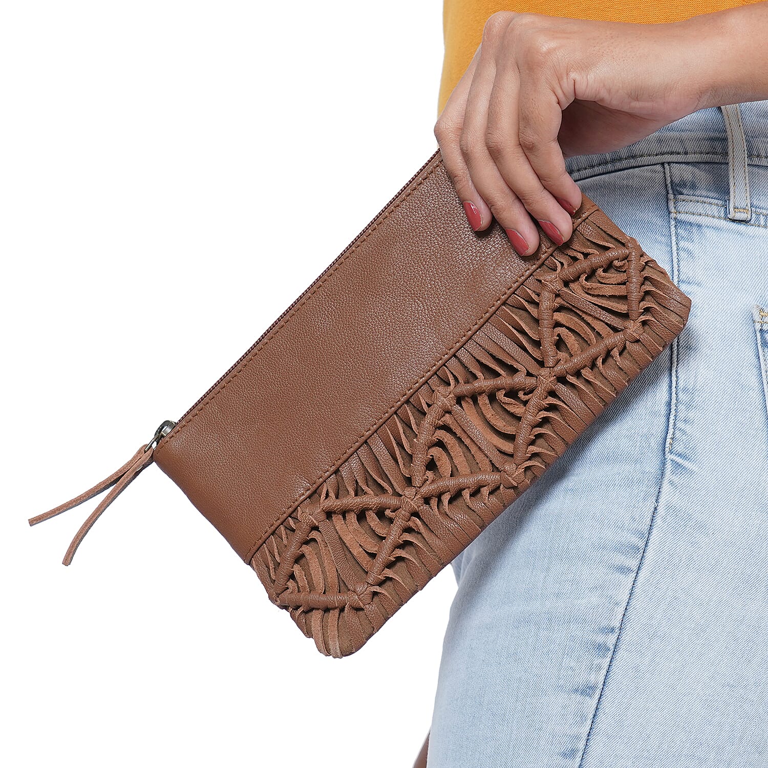 Hand Woven Macrame 100% Genuine Leather Clutch Wallet (Size 21x13cm) -  Black