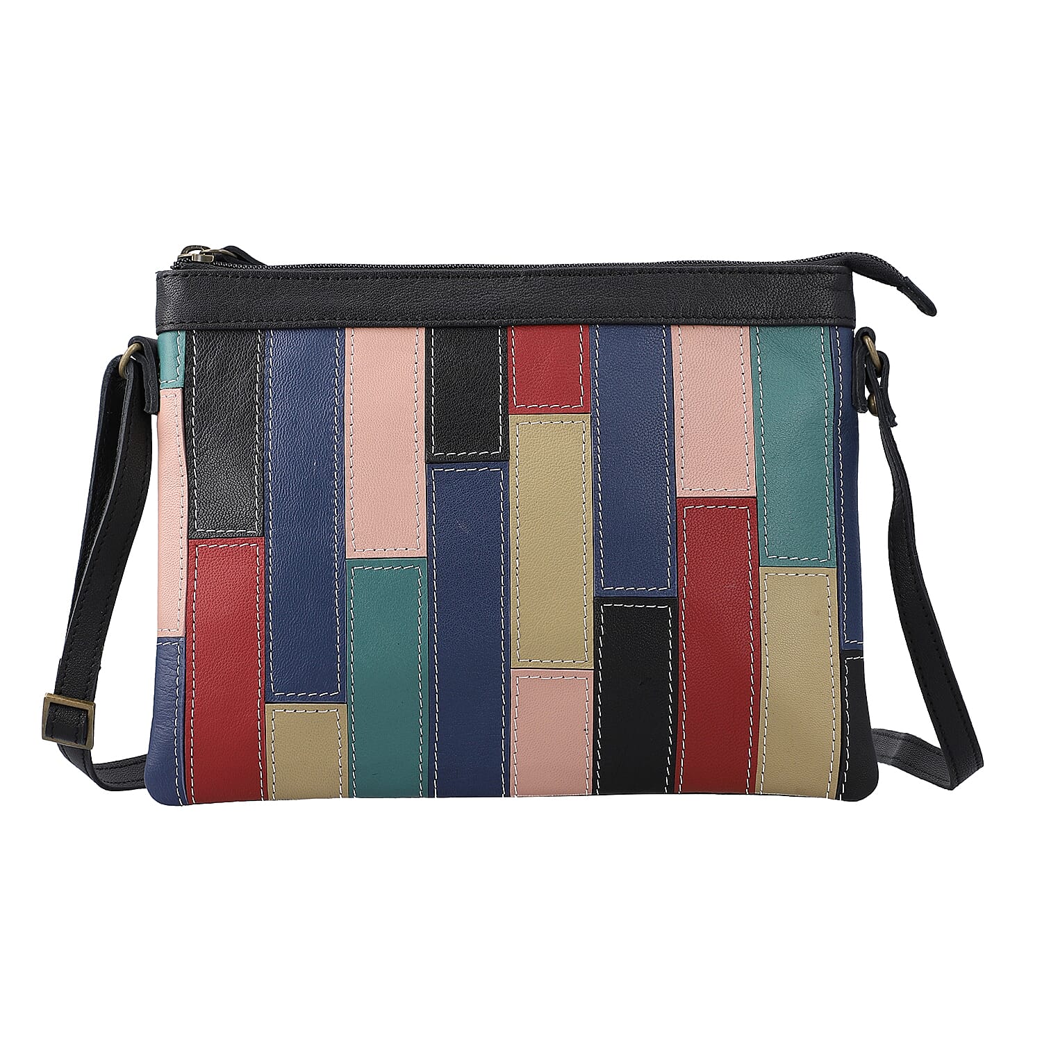 100% Genuine Leather Sling Bag with Shoulder Strap (Strap Size:115cm, Bag Size:26x20 CM) - Black and Multi Colour