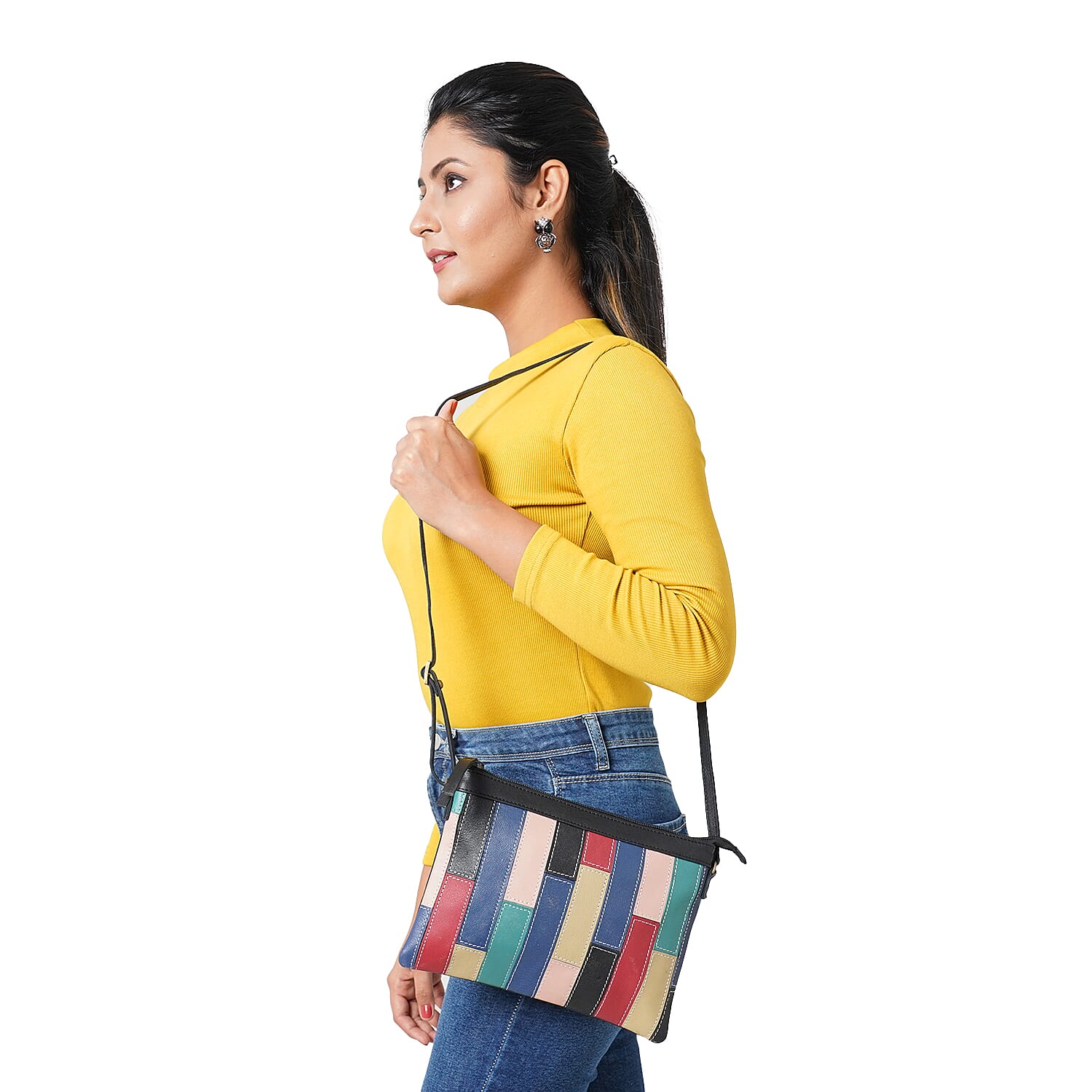 100% Genuine Leather Sling Bag with Shoulder Strap (Strap Size:115cm, Bag Size:26x20 CM) - Black and Multi Colour