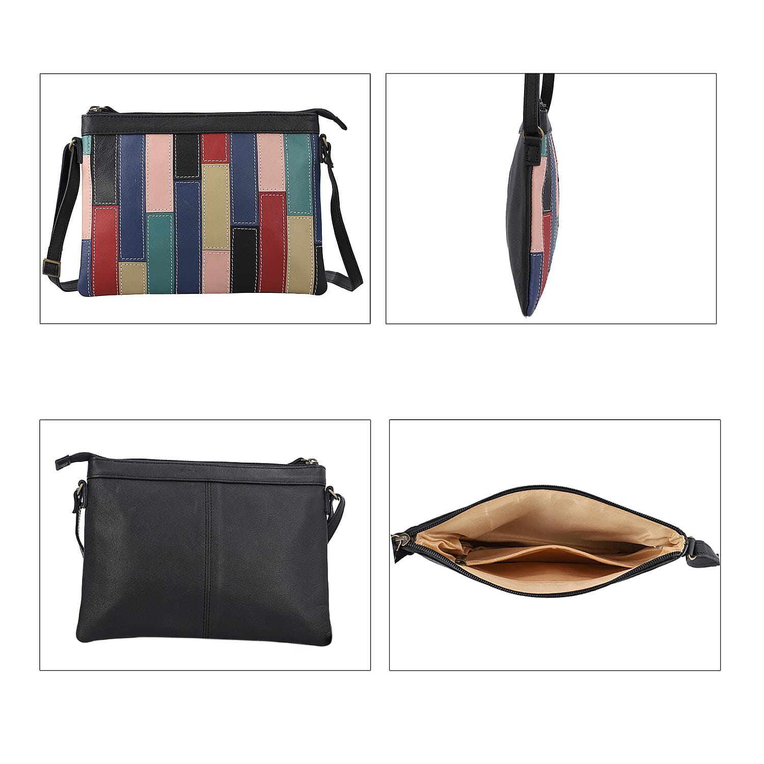 100% Genuine Leather Sling Bag with Shoulder Strap (Strap Size:115cm, Bag Size:26x20 CM) - Black and Multi Colour