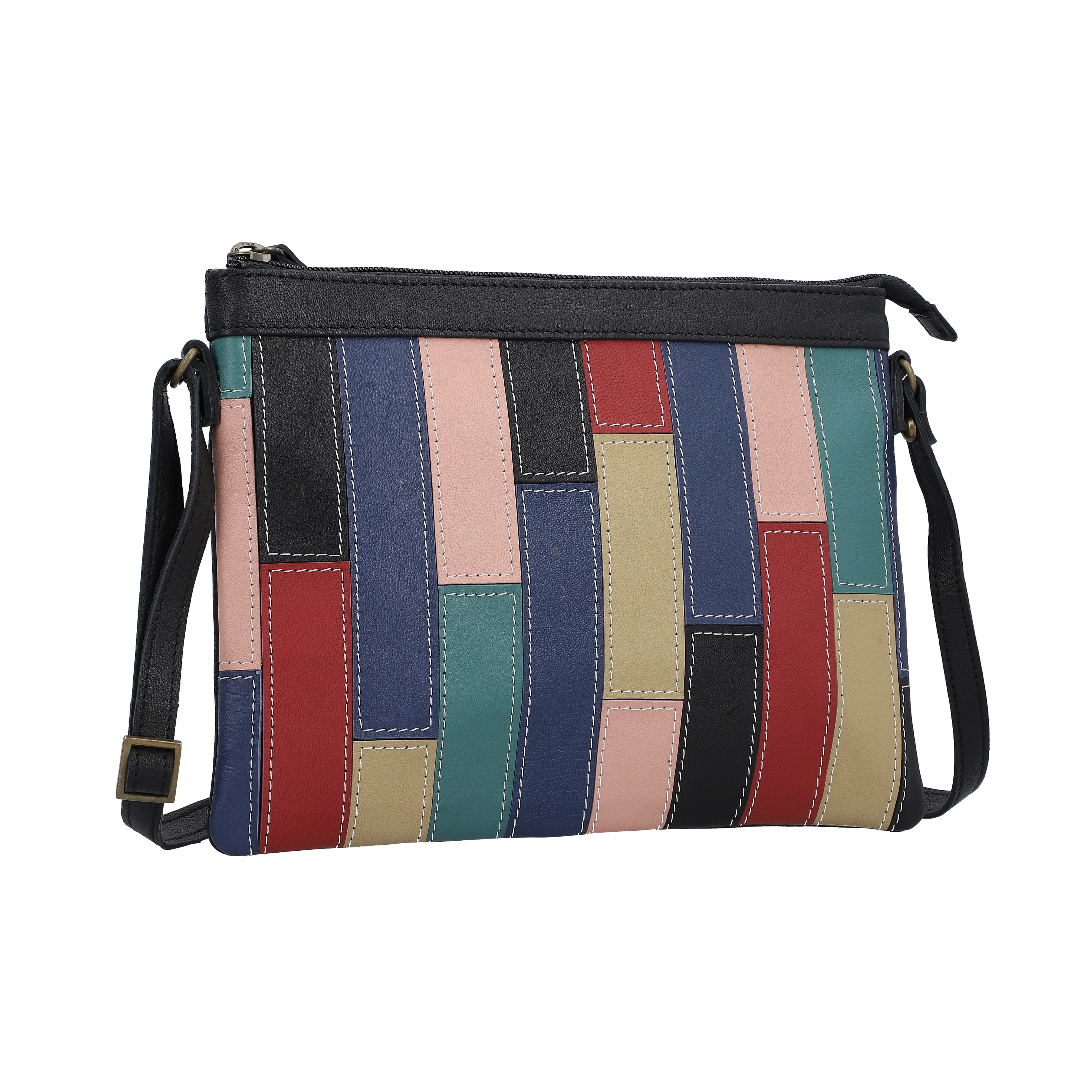 100% Genuine Leather Sling Bag with Shoulder Strap (Strap Size:115cm, Bag Size:26x20 CM) - Black and Multi Colour