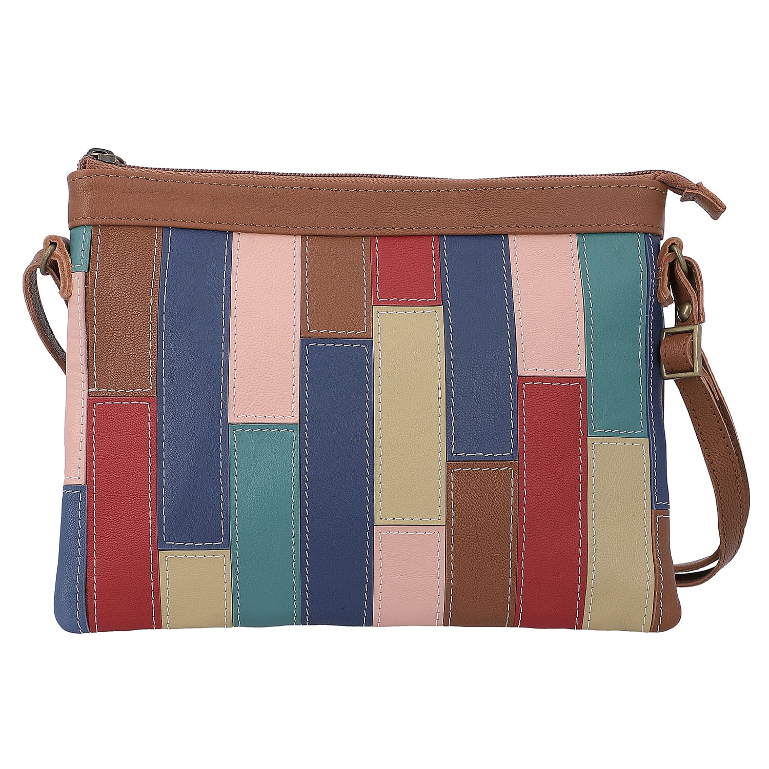 100% Genuine Leather Sling Bag with Shoulder Strap (Strap Size-115cm, Bag Size-26x20 CM) - Tan and Multi Colour