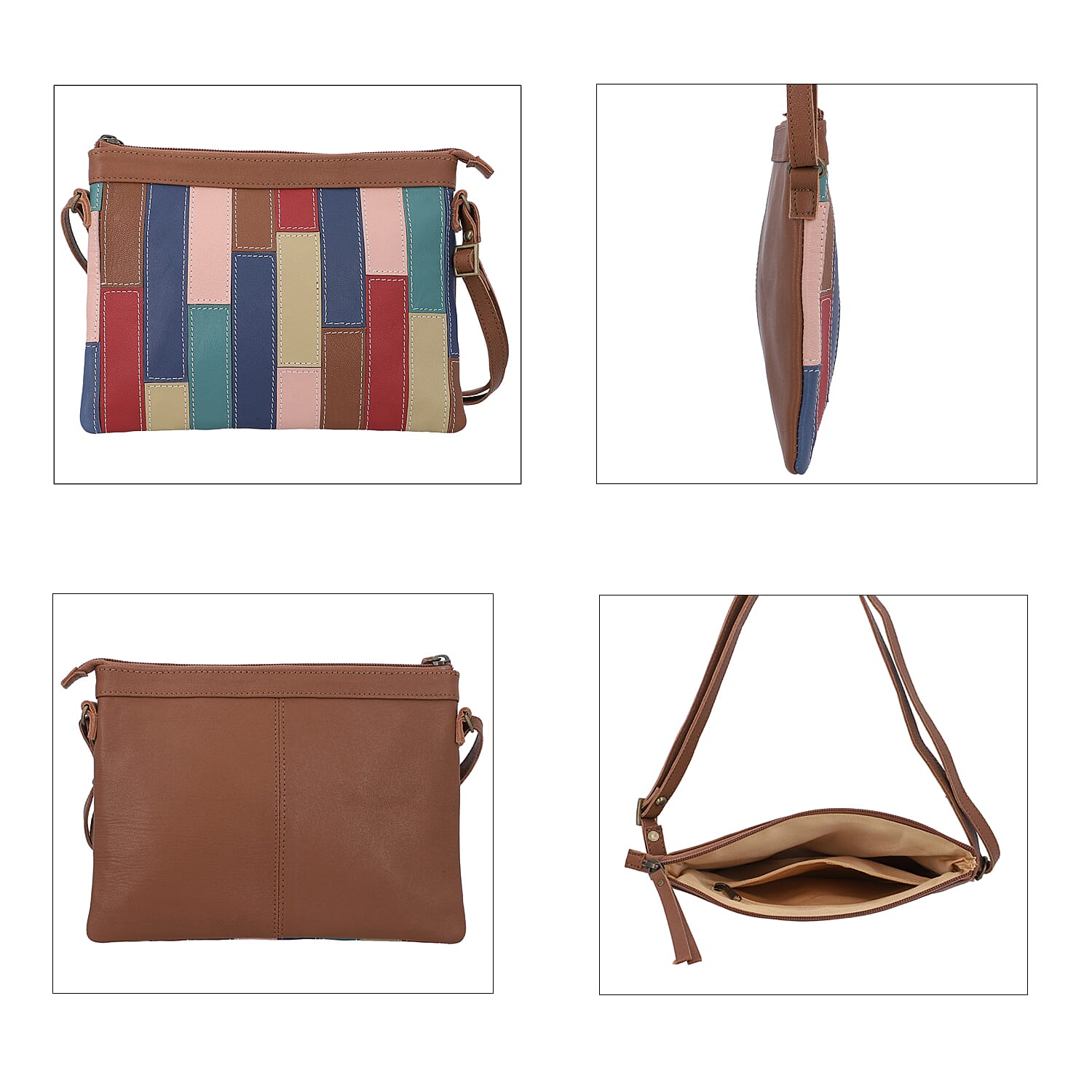 100% Genuine Leather Sling Bag with Shoulder Strap (Strap Size-115cm, Bag Size-26x20 CM) - Tan and Multi Colour