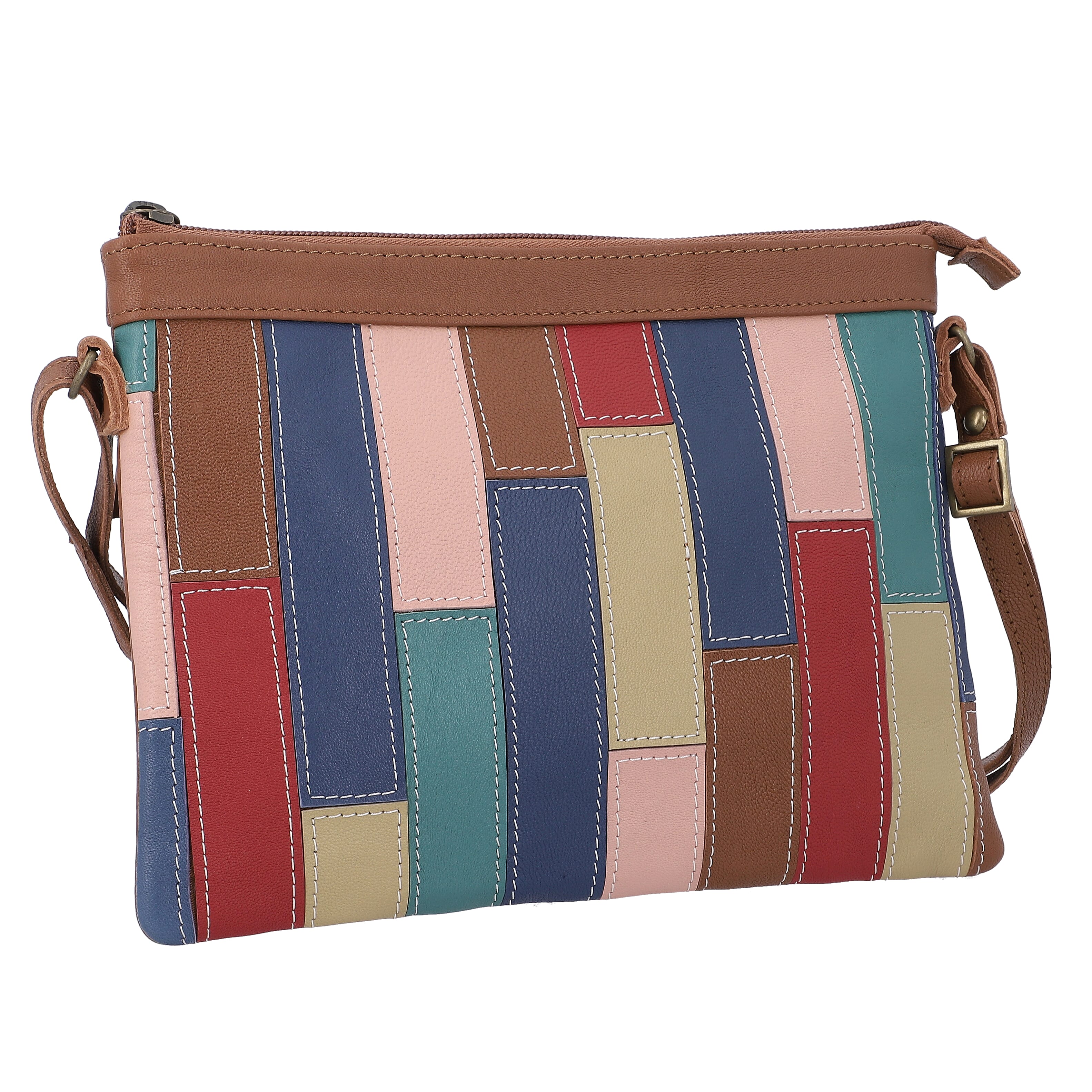 100% Genuine Leather Sling Bag with Shoulder Strap (Strap Size-115cm, Bag Size-26x20 CM) - Tan and Multi Colour