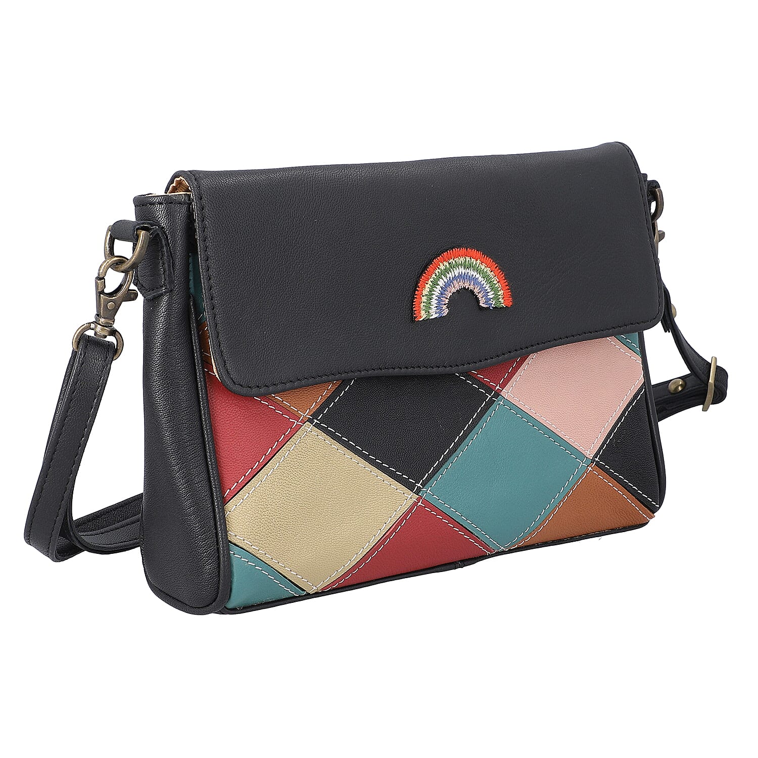 100% Genuine Leather Crossbody Bag with Flap (Size 23x5x18cm) - Black and Multi Colour