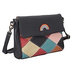100% Genuine Leather Crossbody Bag with Flap (Size 23x5x18cm) - Black and Multi Colour