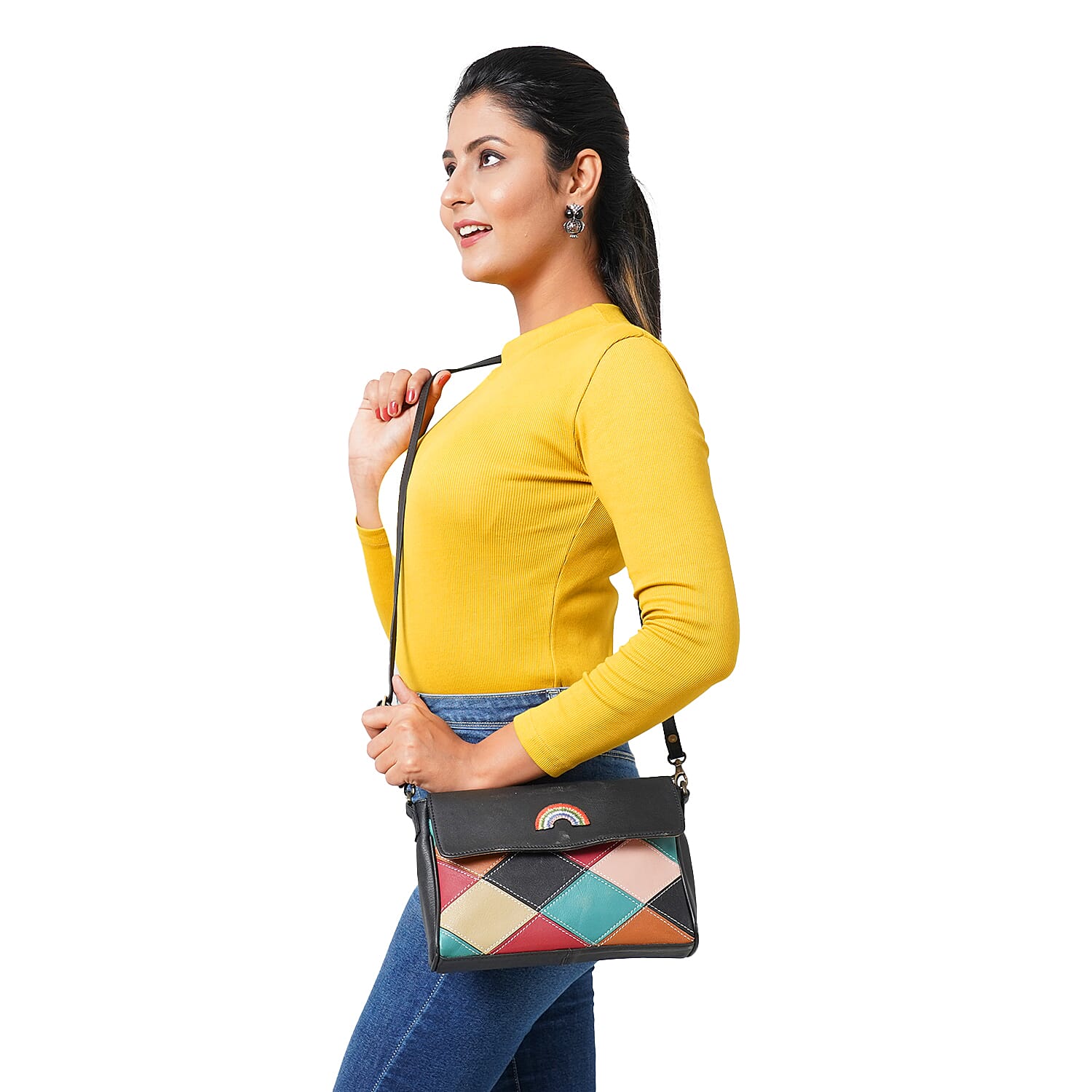 100% Genuine Leather Crossbody Bag with Flap (Size 23x5x18cm) - Black and Multi Colour