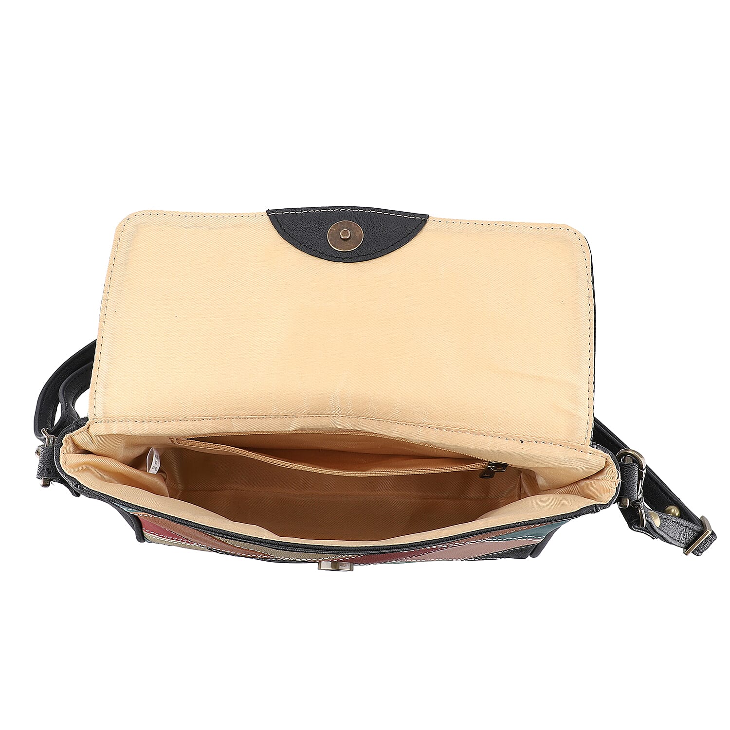 100% Genuine Leather Crossbody Bag with Flap (Size 23x5x18cm) - Black and Multi Colour