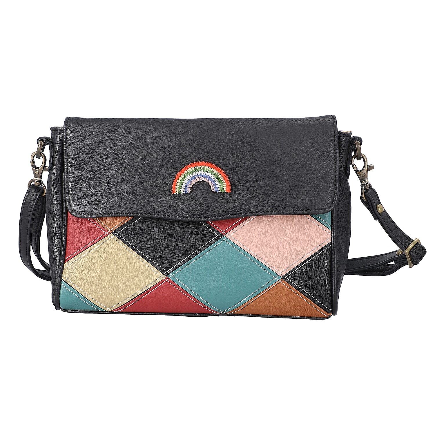 100% Genuine Leather Crossbody Bag with Flap (Size 23x5x18cm) - Black and Multi Colour