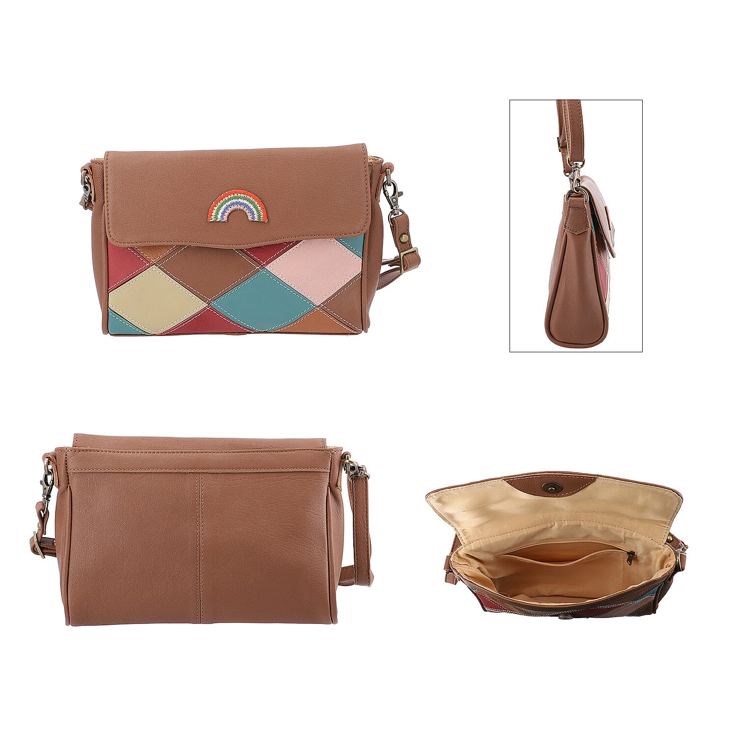 100% Genuine Leather Crossbody Bag with Flap (Size 23x5x18cm) - Black and Multi Colour