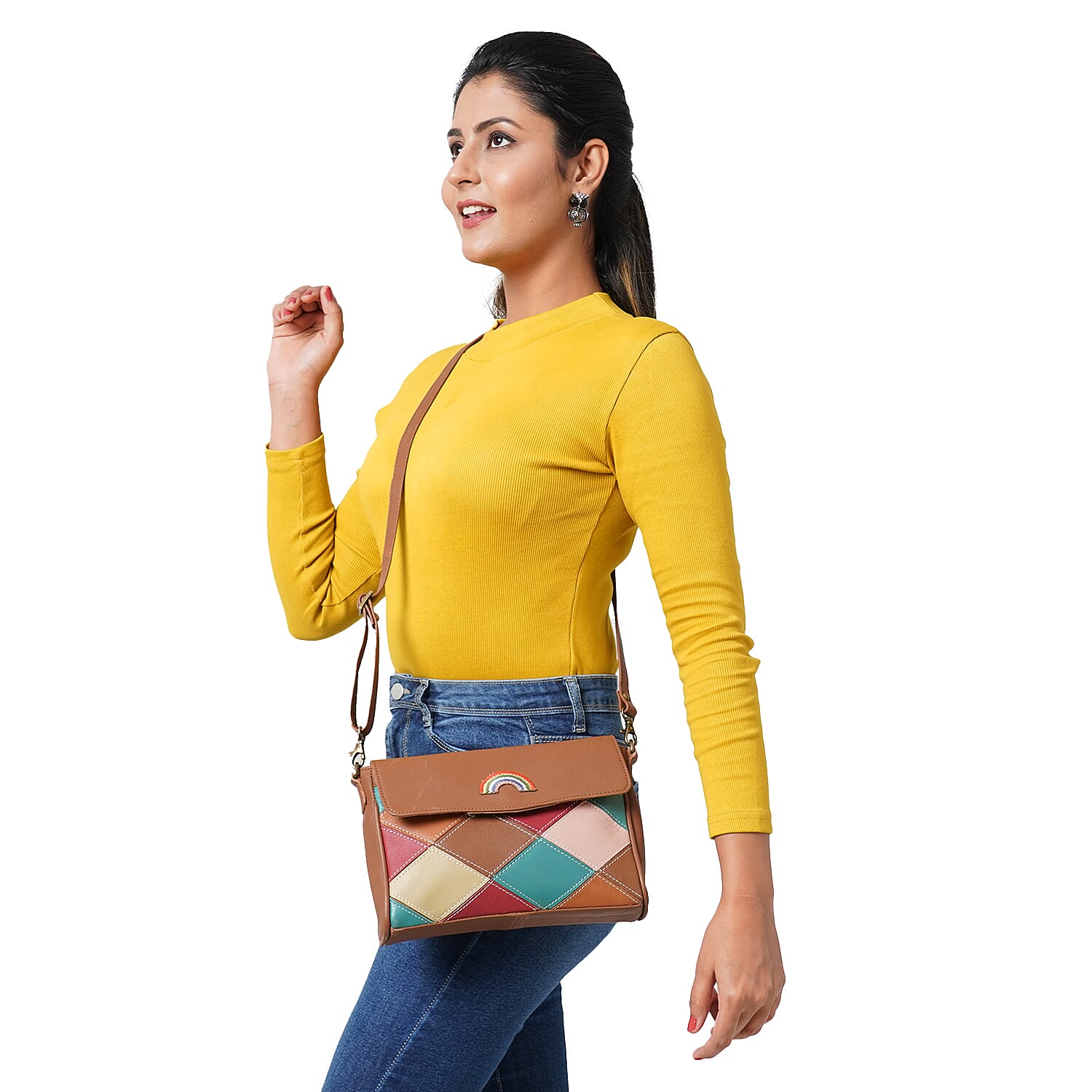 100% Genuine Leather Crossbody Bag with Flap (Size 23x5x18cm) - Black and Multi Colour